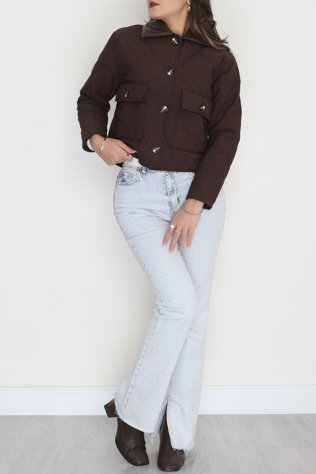 Deri Yaka Astarlı Kapitone Mont Acıkahve - 31632.439.