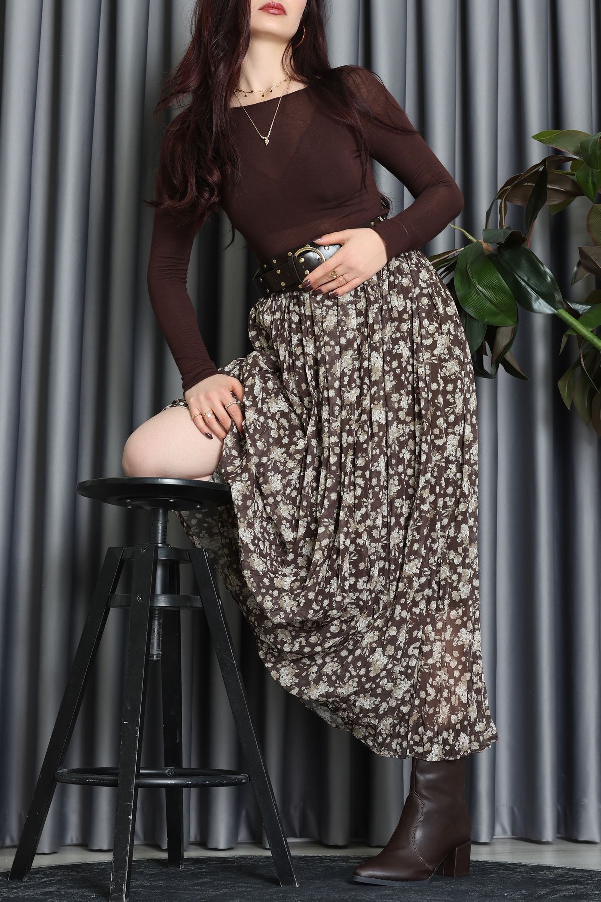 Kemerli Desenli Şifon Astarlı Etek Haki - 71001.1934.