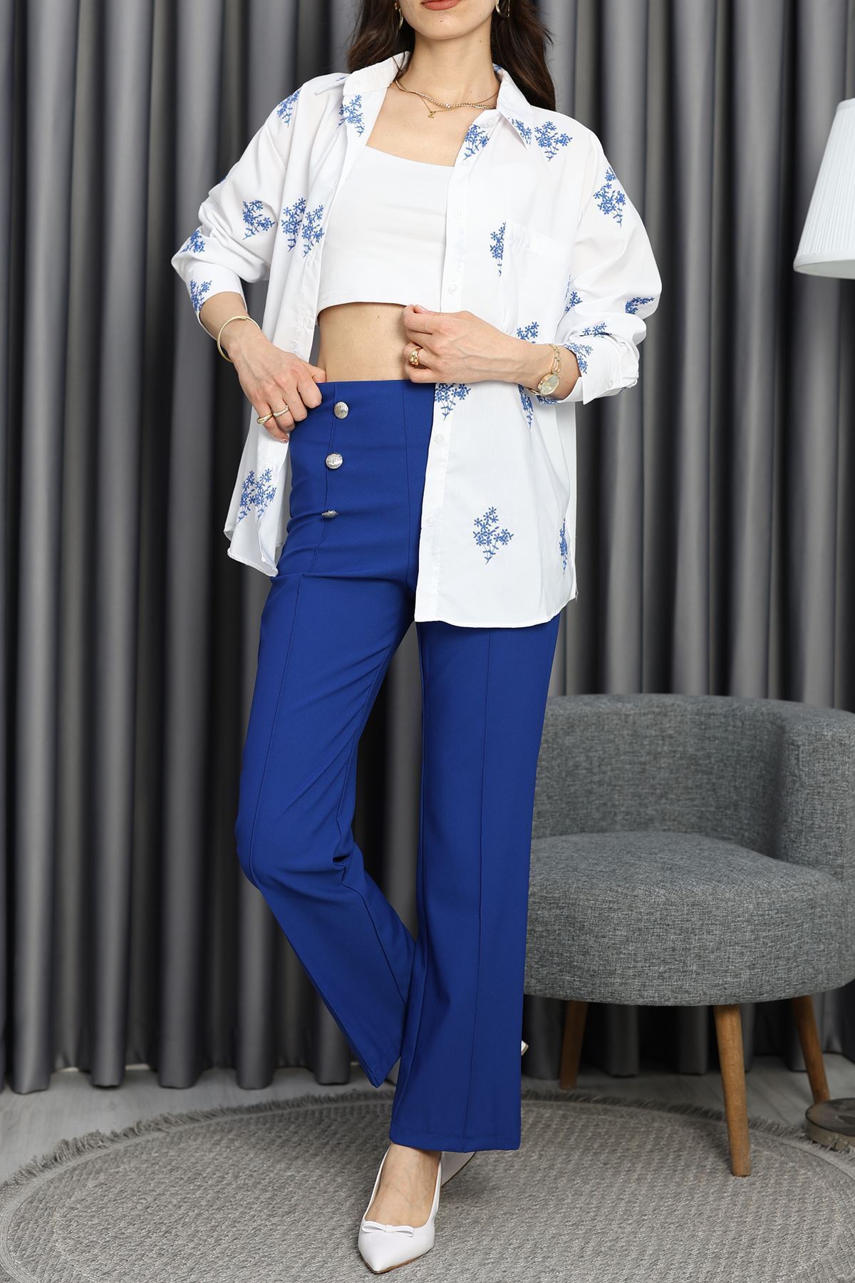 Nakışlı Balon Kol Gömlek Beyaz - 30775.1949.