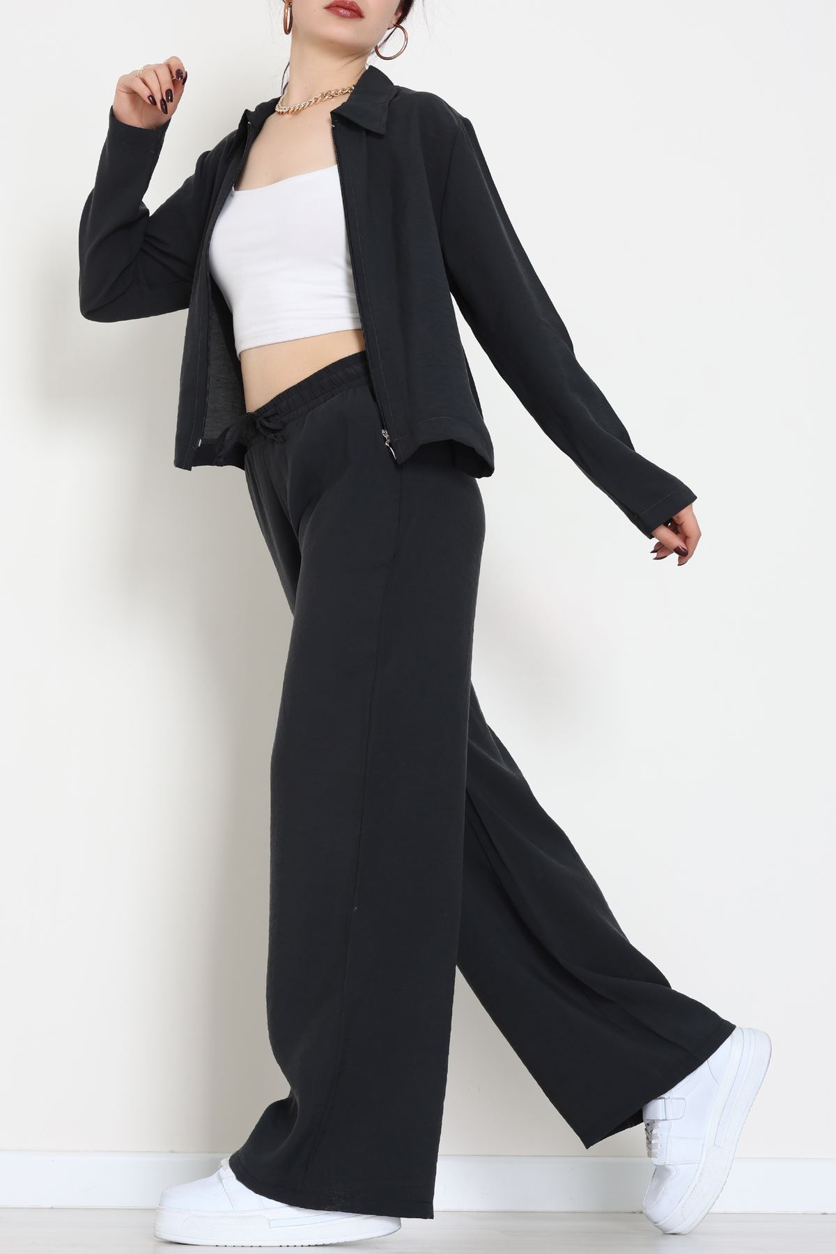 Soft Touch Dokuma Modal Fermuarlı İkili Takım Siyah - 55012.1837.