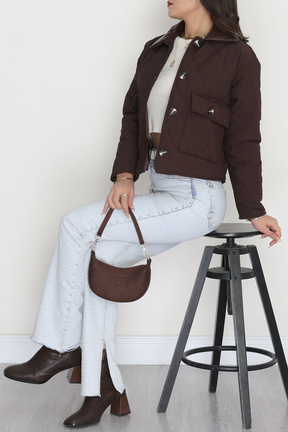 Deri Yaka Astarlı Kapitone Mont Acıkahve - 31632.439.