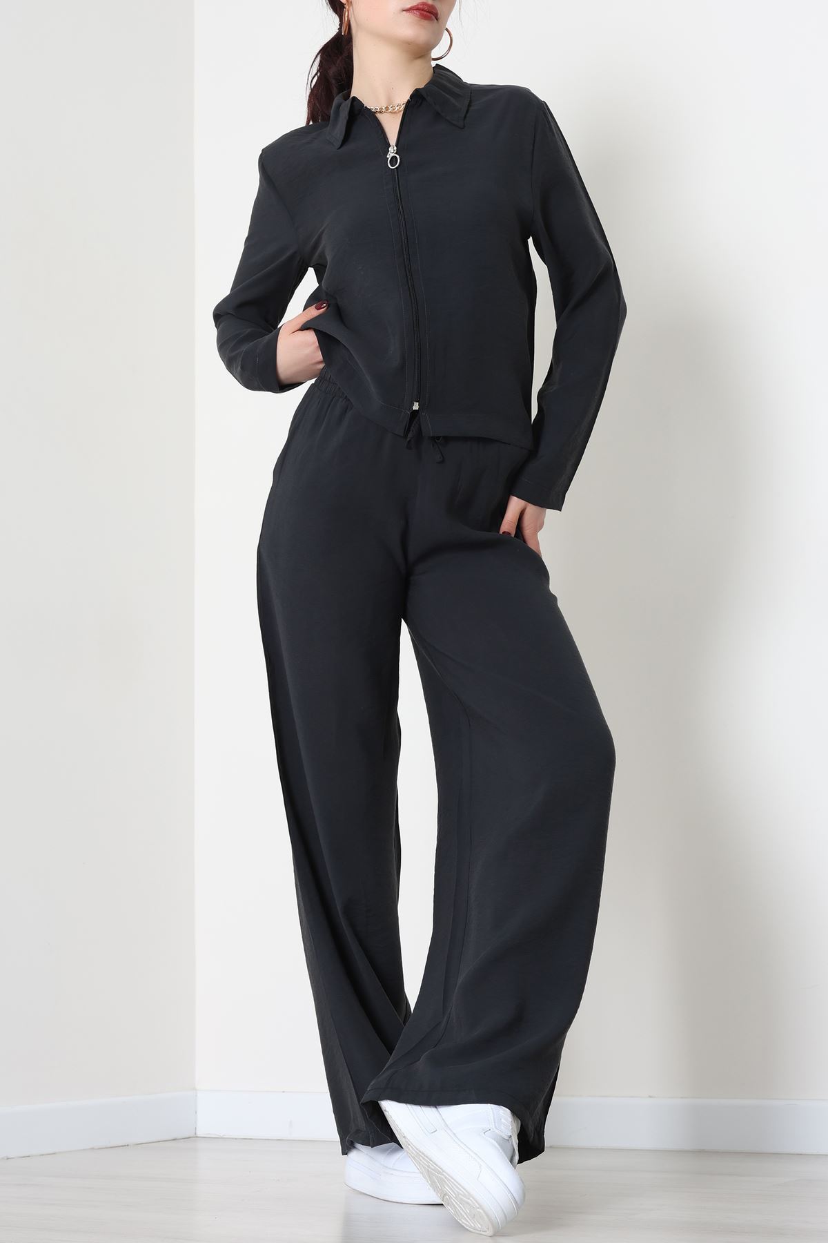 Soft Touch Dokuma Modal Fermuarlı İkili Takım Siyah - 55012.1837.