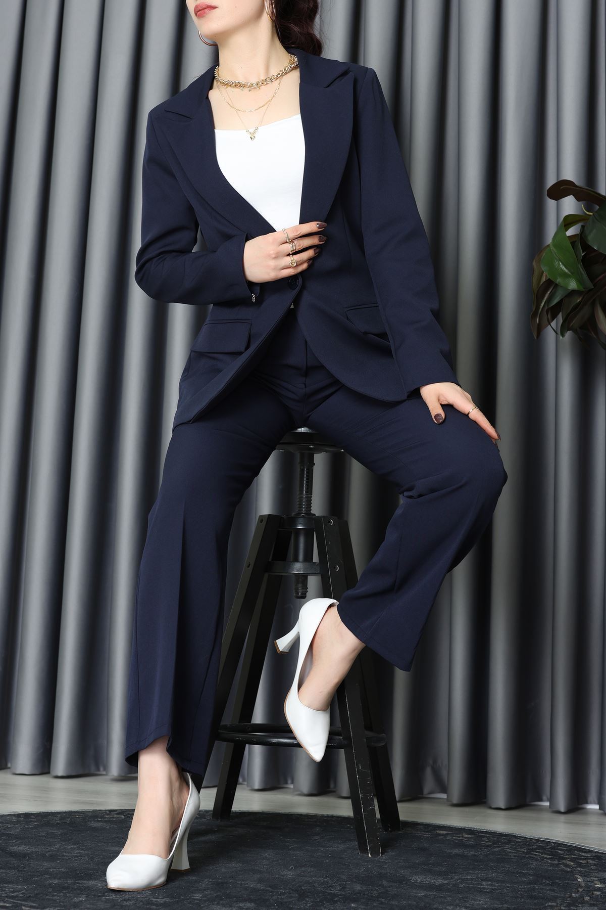 Dabıl Kumaş Astarlı İkili Blazer Takım Lacivert - 55041.1397.