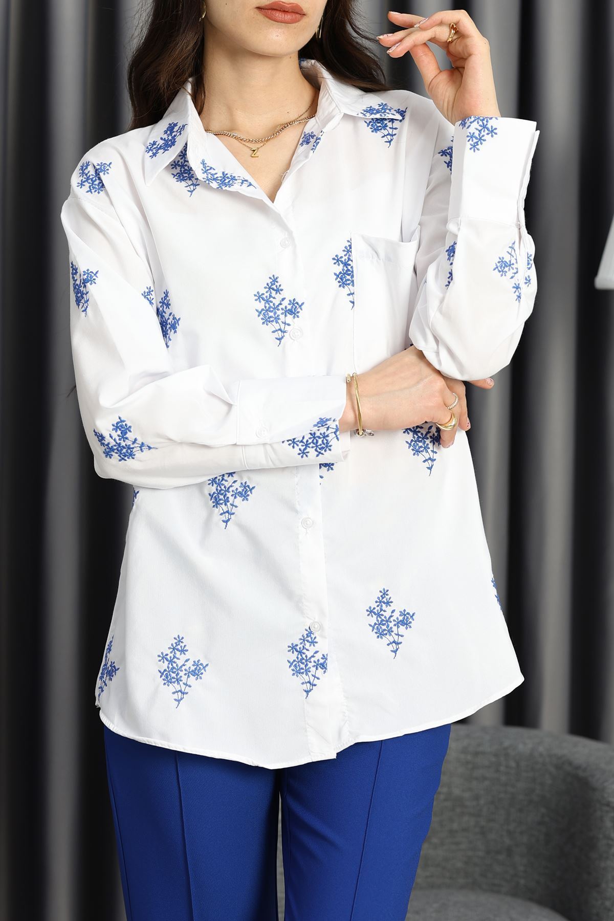 Nakışlı Balon Kol Gömlek Beyaz - 30775.1949.