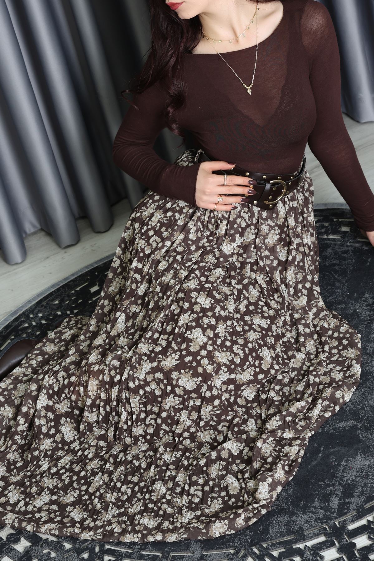 Kemerli Desenli Şifon Astarlı Etek Haki - 71001.1934.