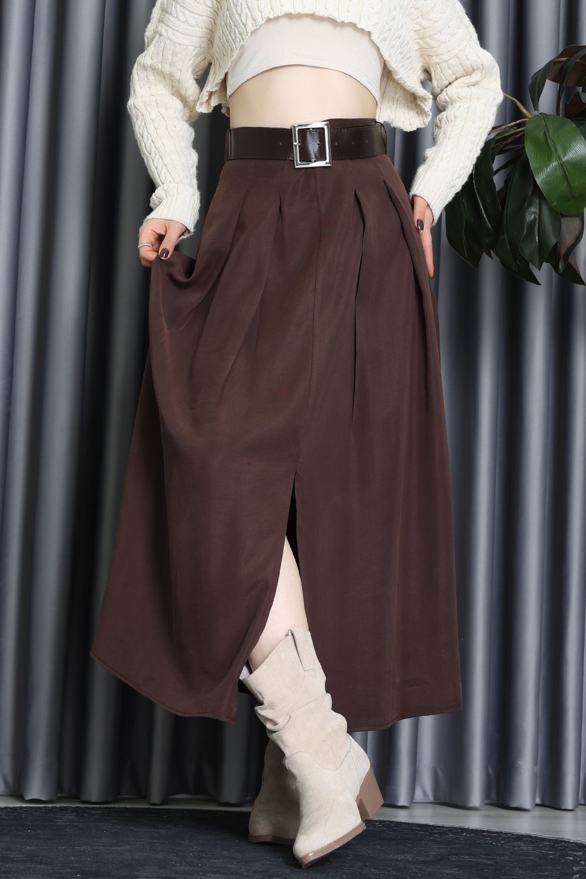 Pileli Kemerli Midi Etek Kahve - 70999.1934.