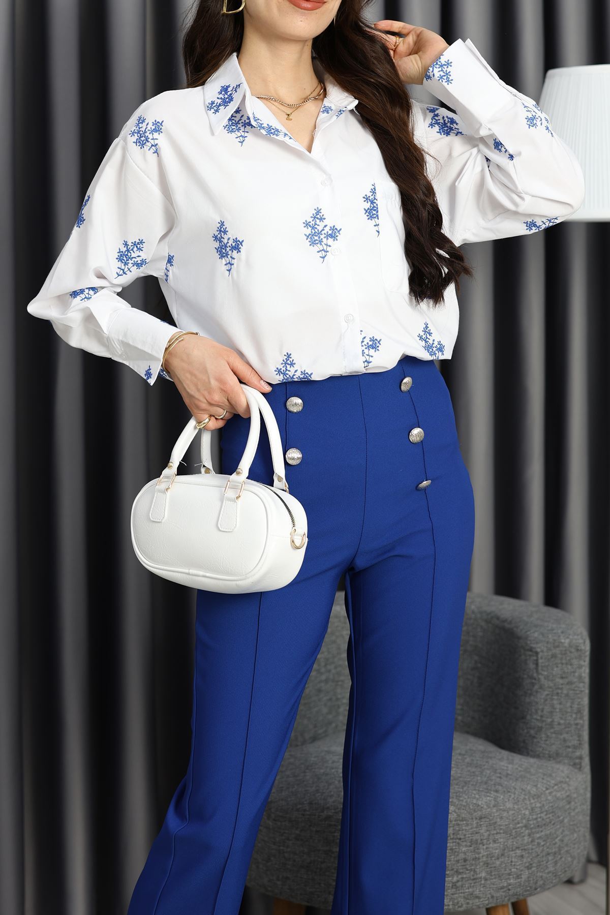 Nakışlı Balon Kol Gömlek Beyaz - 30775.1949.