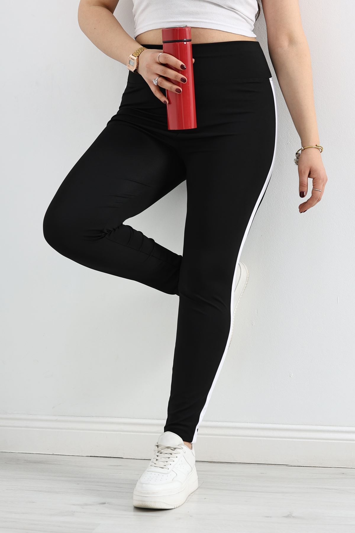 Büyük Beden Şeritli Dalgıç Tayt Siyahbeyaz - 50068.1098.