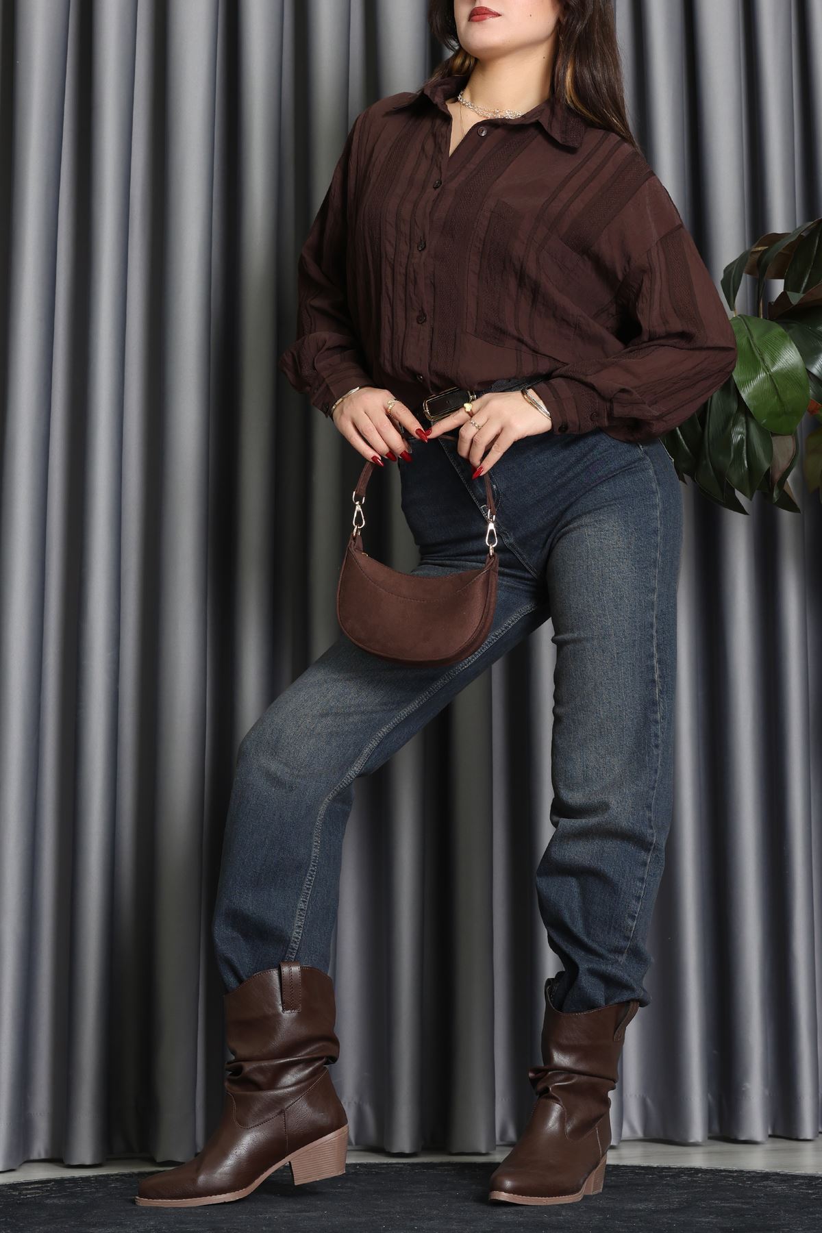 Geniş Çizgili Buklet Oversize Gömlek Kahve - 70995.1934.