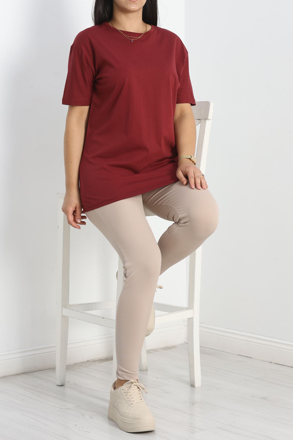 Büyük Beden Lüks Penye Tişört Bordo - 80666.1878.