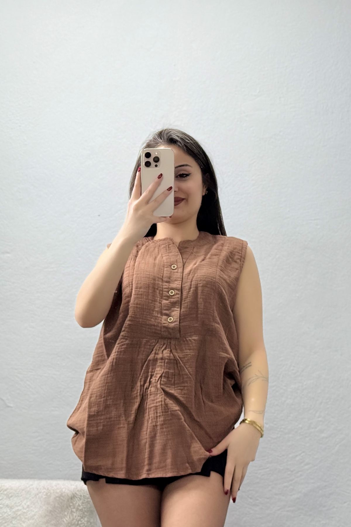 Sıfır Kol Müslin Gömlek Kahve - 472.1238.