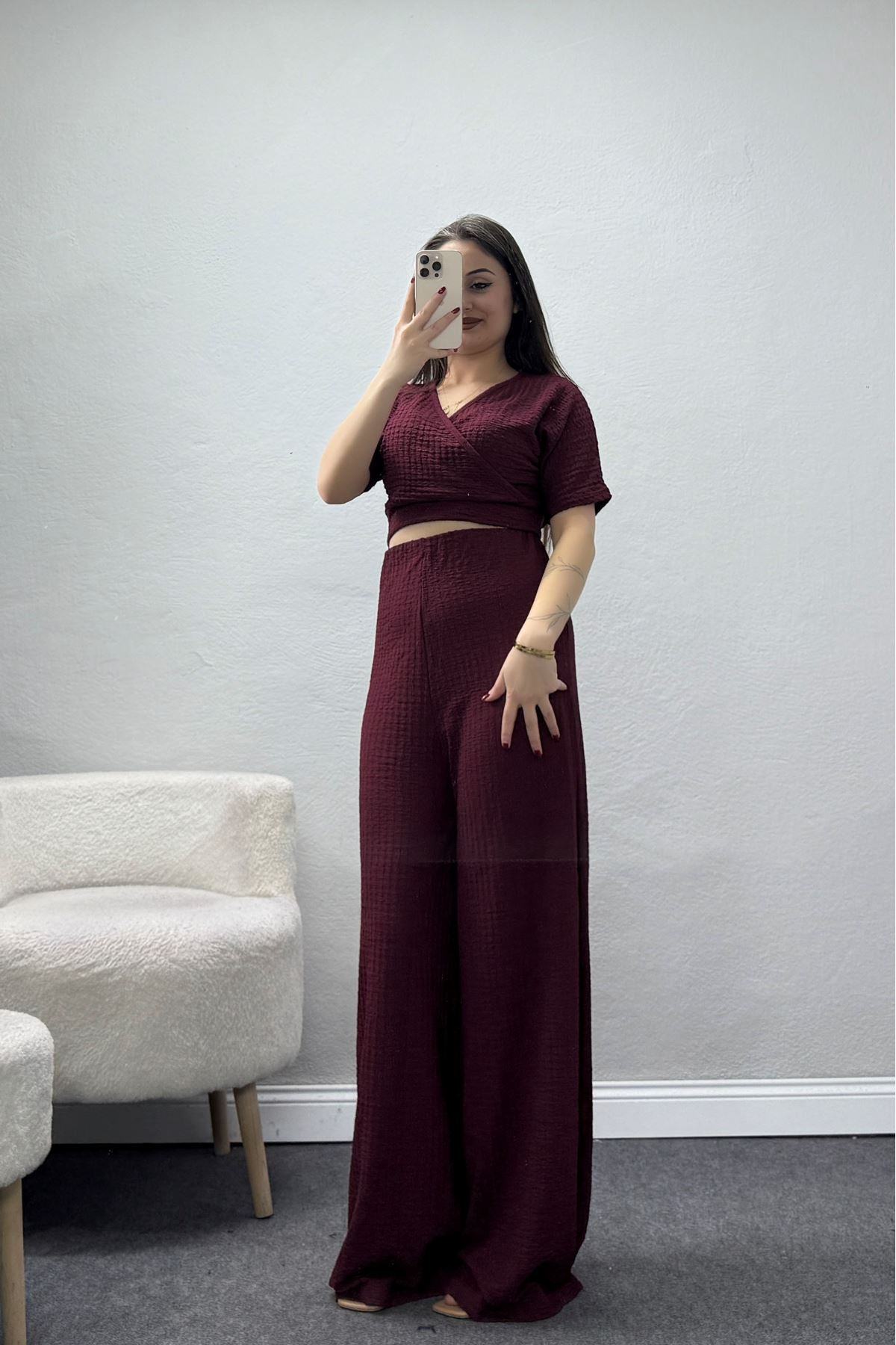 Bubble V Yaka İkili Takım Bordo - 32243.1857.