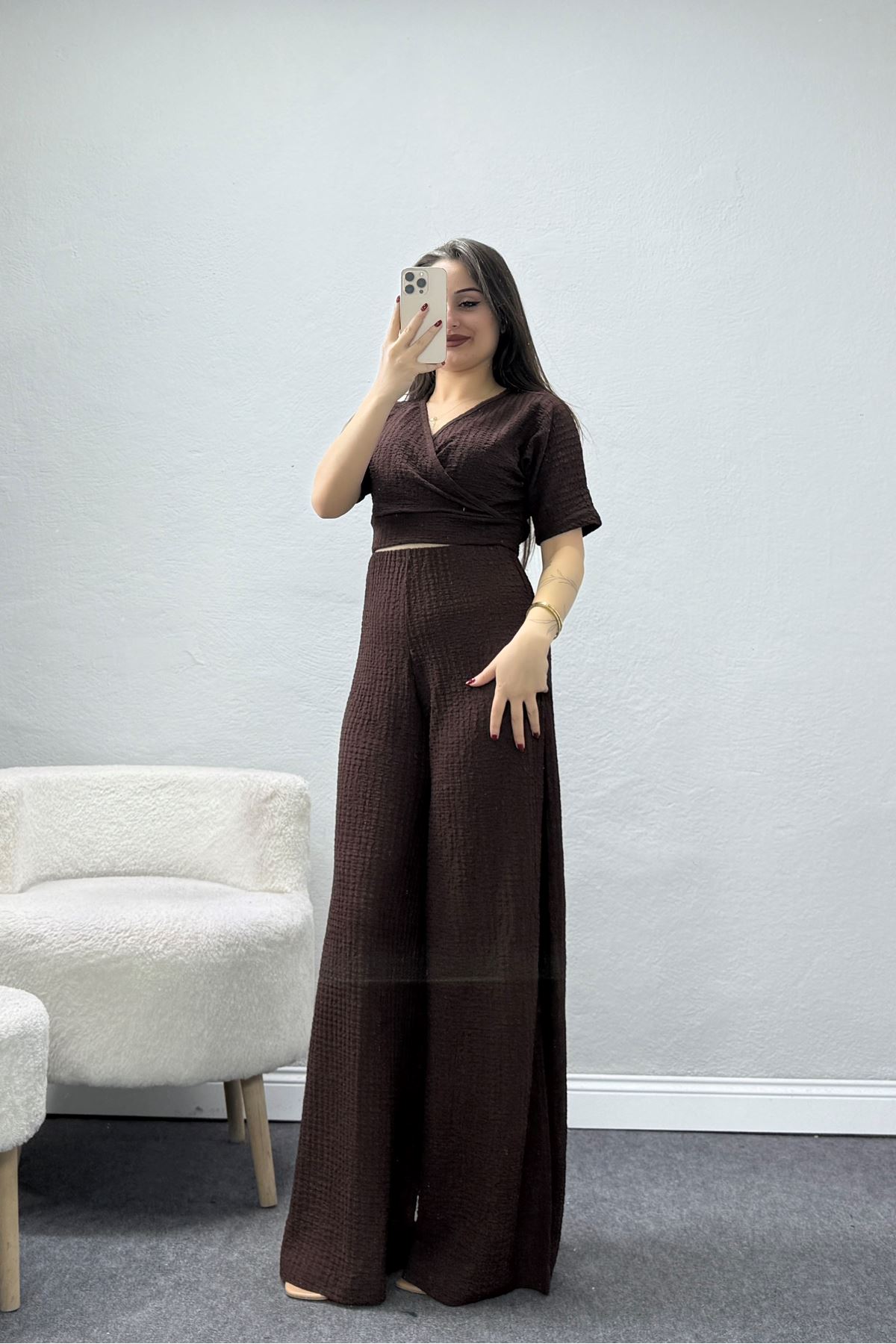 Bubble V Yaka İkili Takım Kahve - 32243.1857.