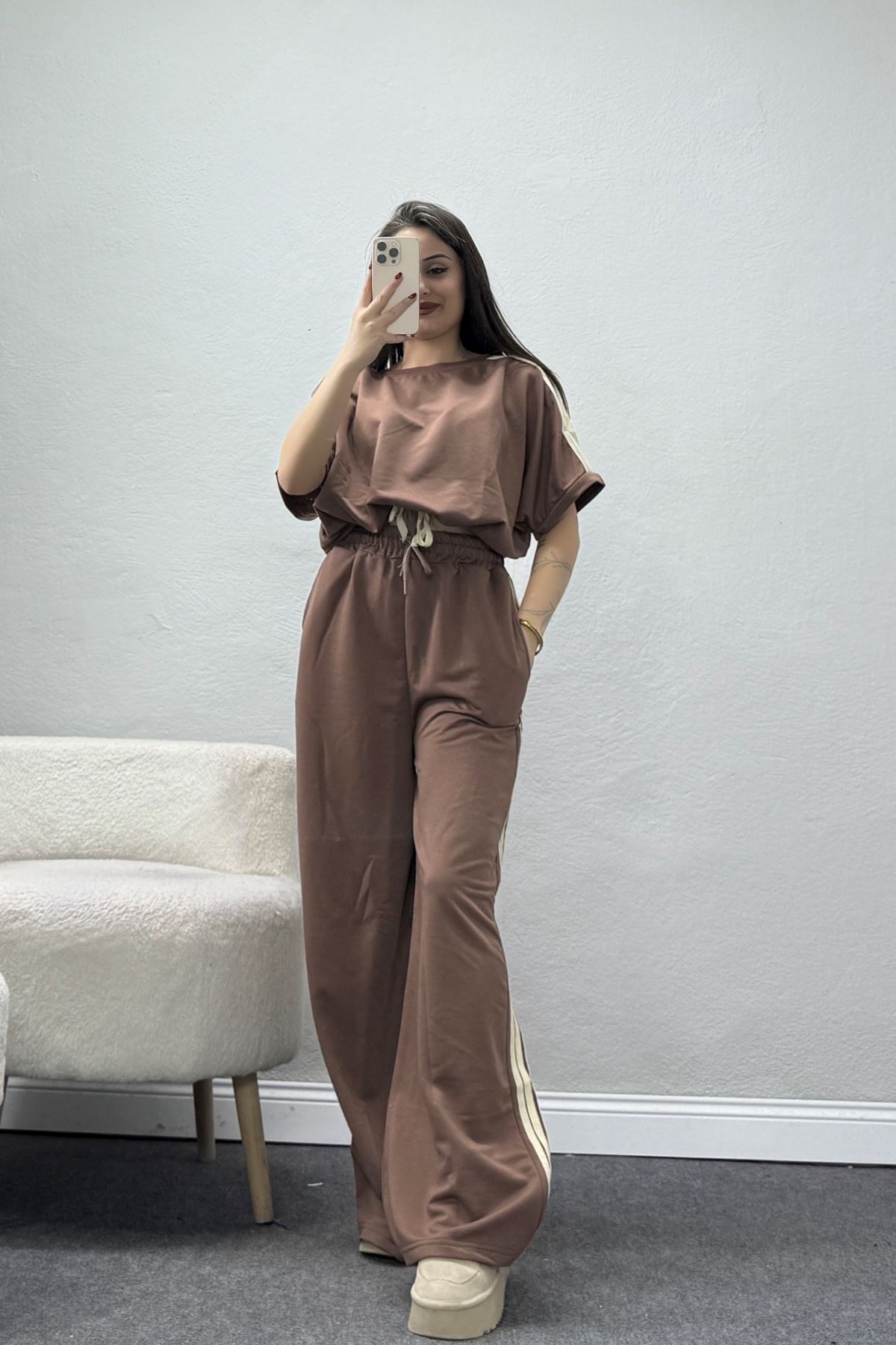 2 İplik Stoperli Keten Şeritli Eşofman Takımı Acıkahve - 52222.1857.