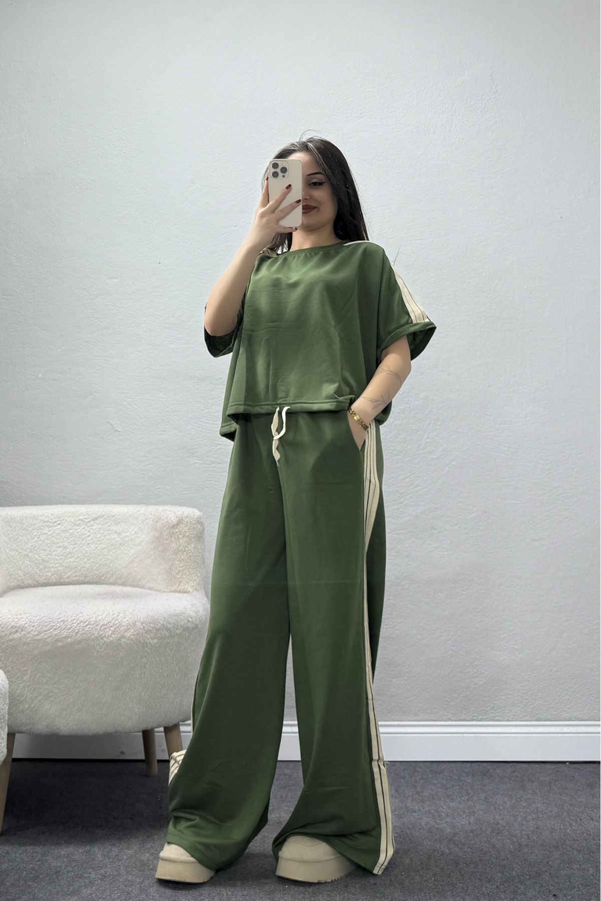 2 İplik Stoperli Keten Şeritli Eşofman Takımı Haki - 52222.1857.