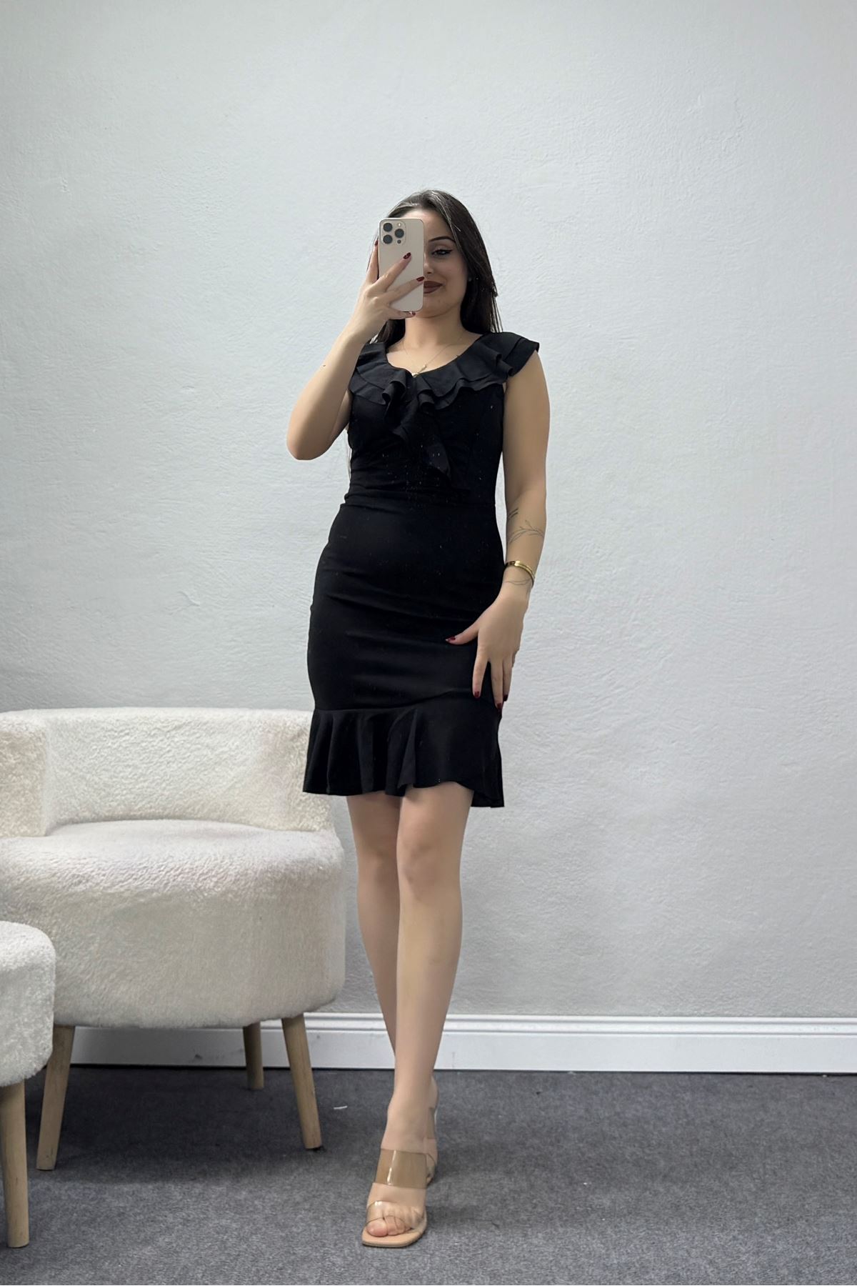Kalın Askılı Fırfır Detaylı Mini Krep Elbise Siyah - 581310.1592.
