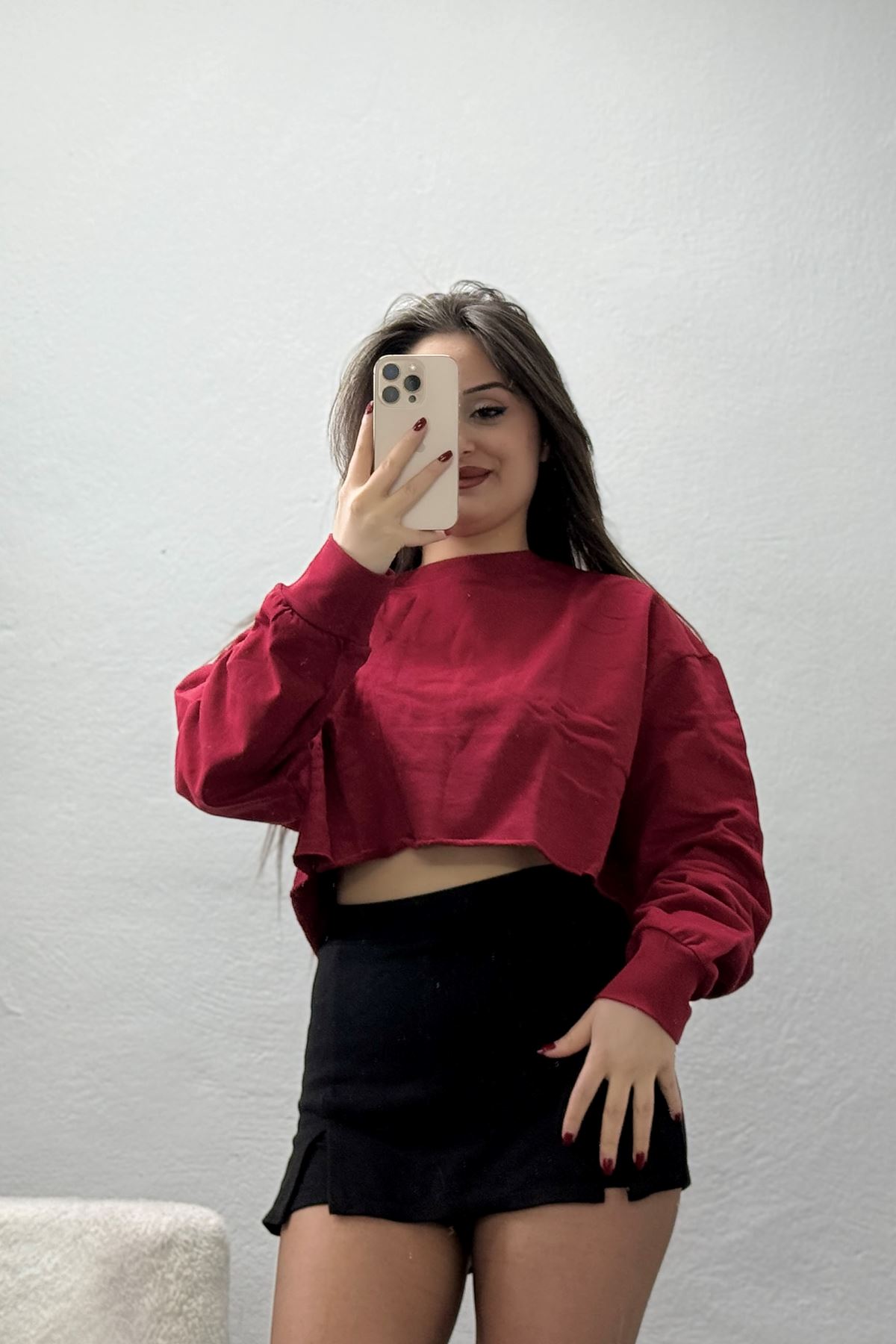 Eteği Pis Dikişli 3 İplik Crop Sweat Bordo - 6000.1238.
