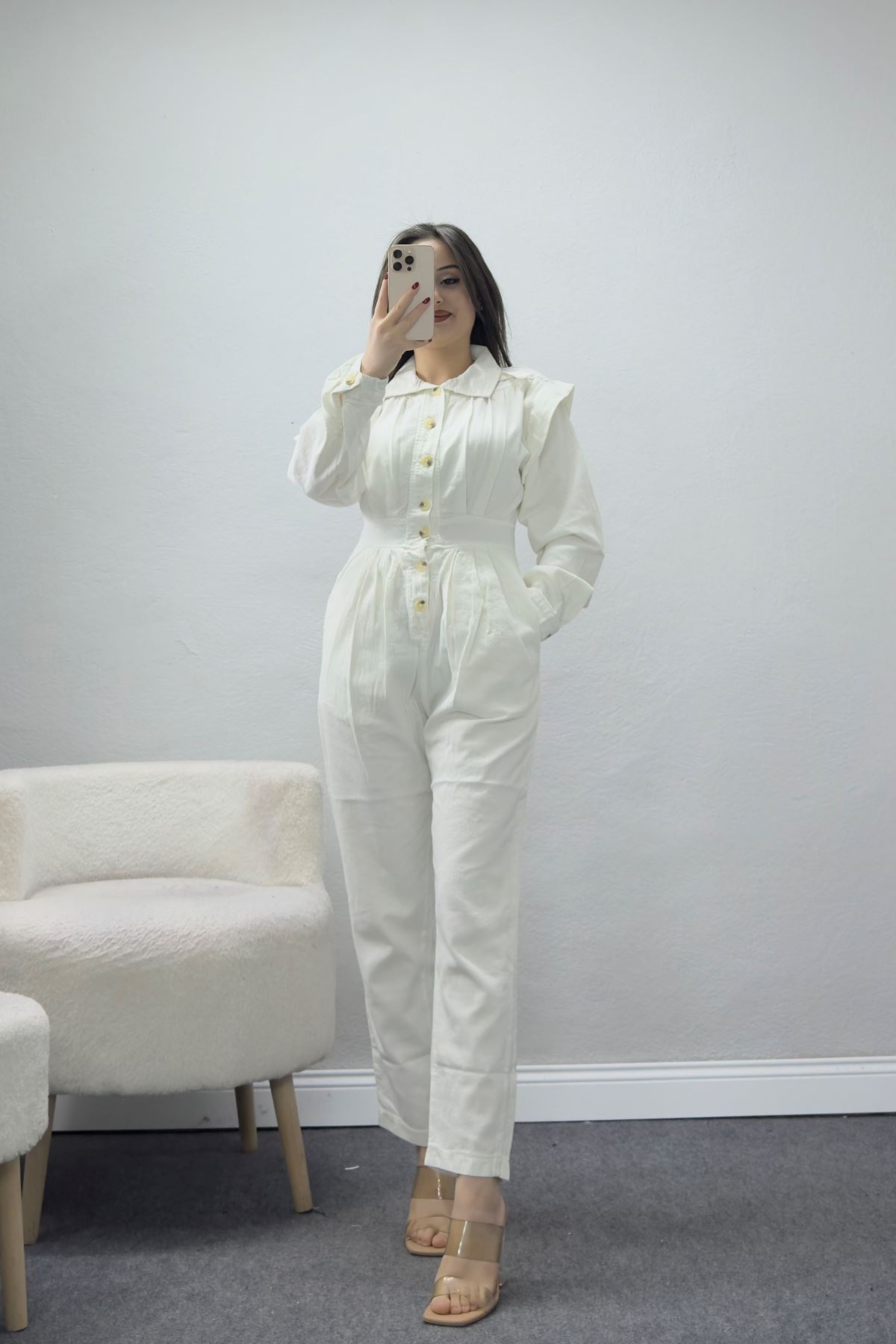 Önü Düğmeli Tulum Ekru - 2636.1367.