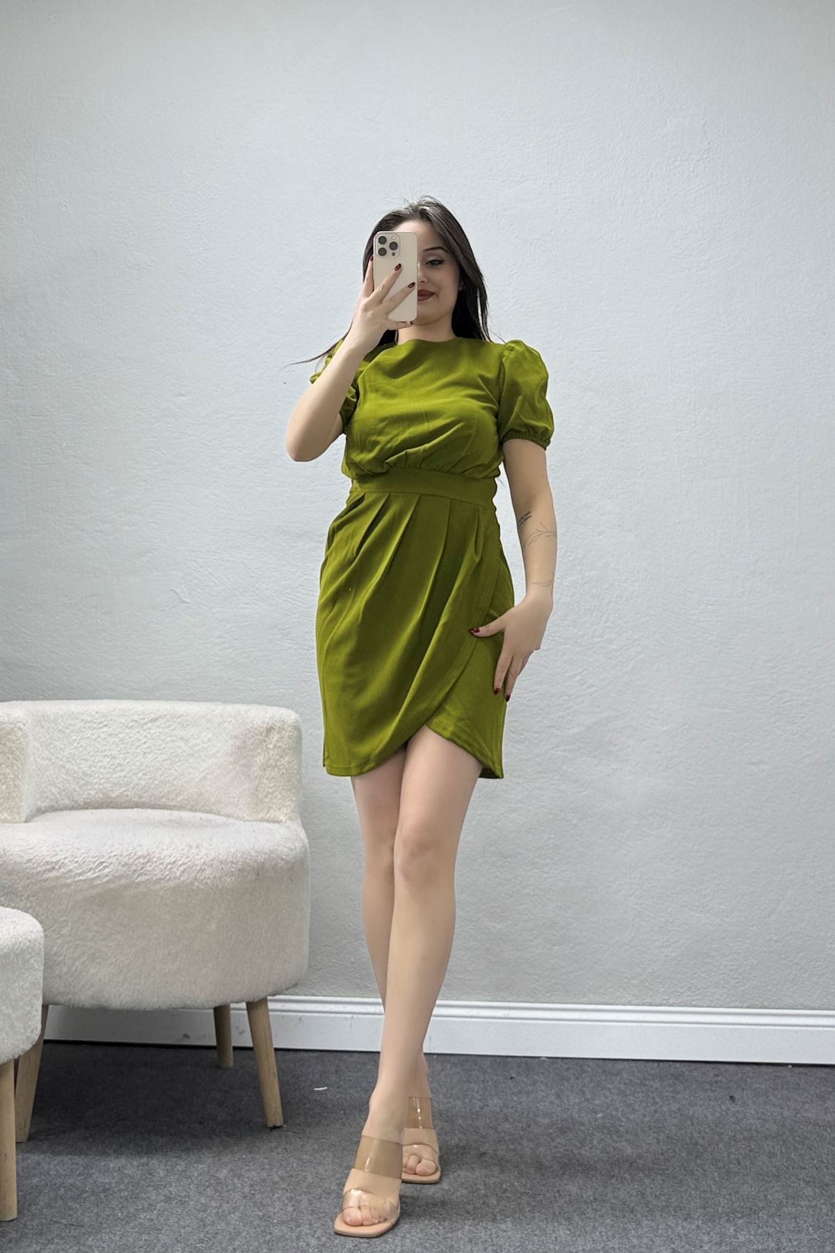 Balon Kol Bisiklet Yaka Mini Elbise Yeşil - 582937.1592.