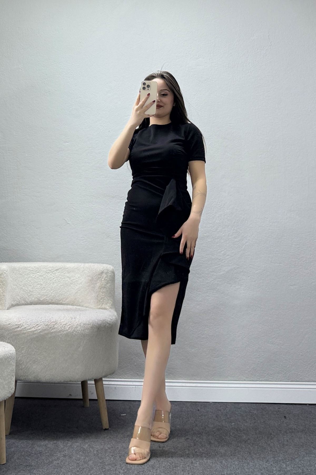 Etek Fırfır Detay Yırtmaçlı Krep Elbise Siyah - 583017.1592.