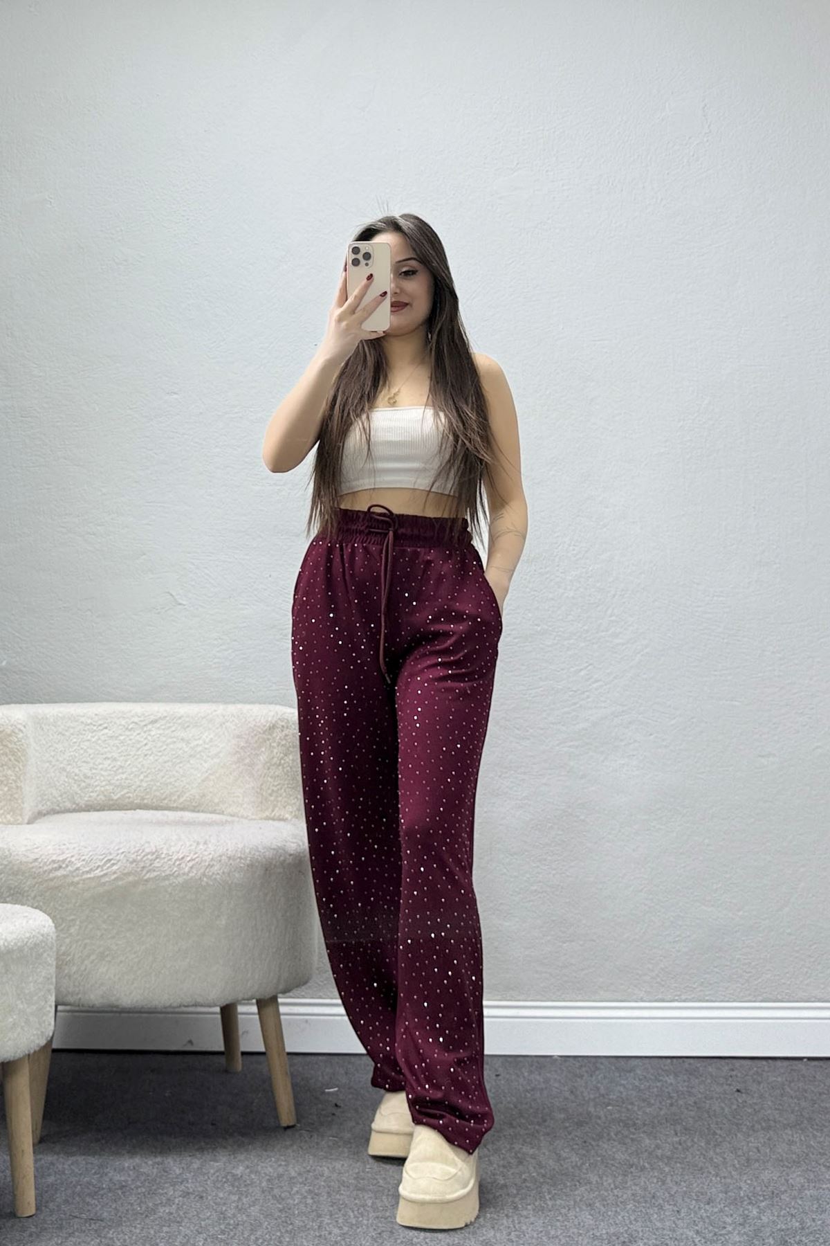 Kristal Kumaş Taşlı Eşofman Altı Bordo - 42925.102.