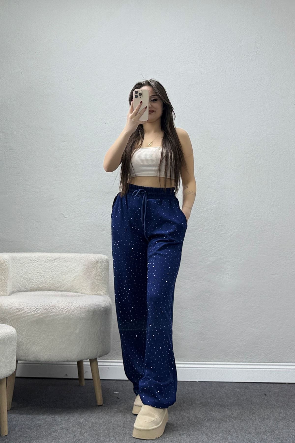 Kristal Kumaş Taşlı Eşofman Altı Lacivert - 42925.102.