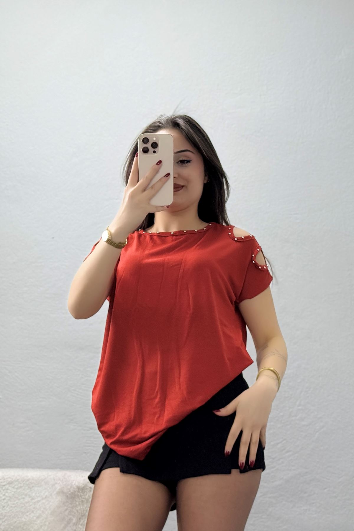 Omuz Dekolteli İncili Bluz Kiremit - 43988.599.