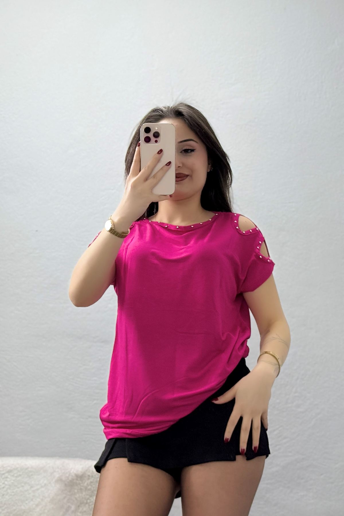 Omuz Dekolteli İncili Bluz Koyupembe - 43988.599.