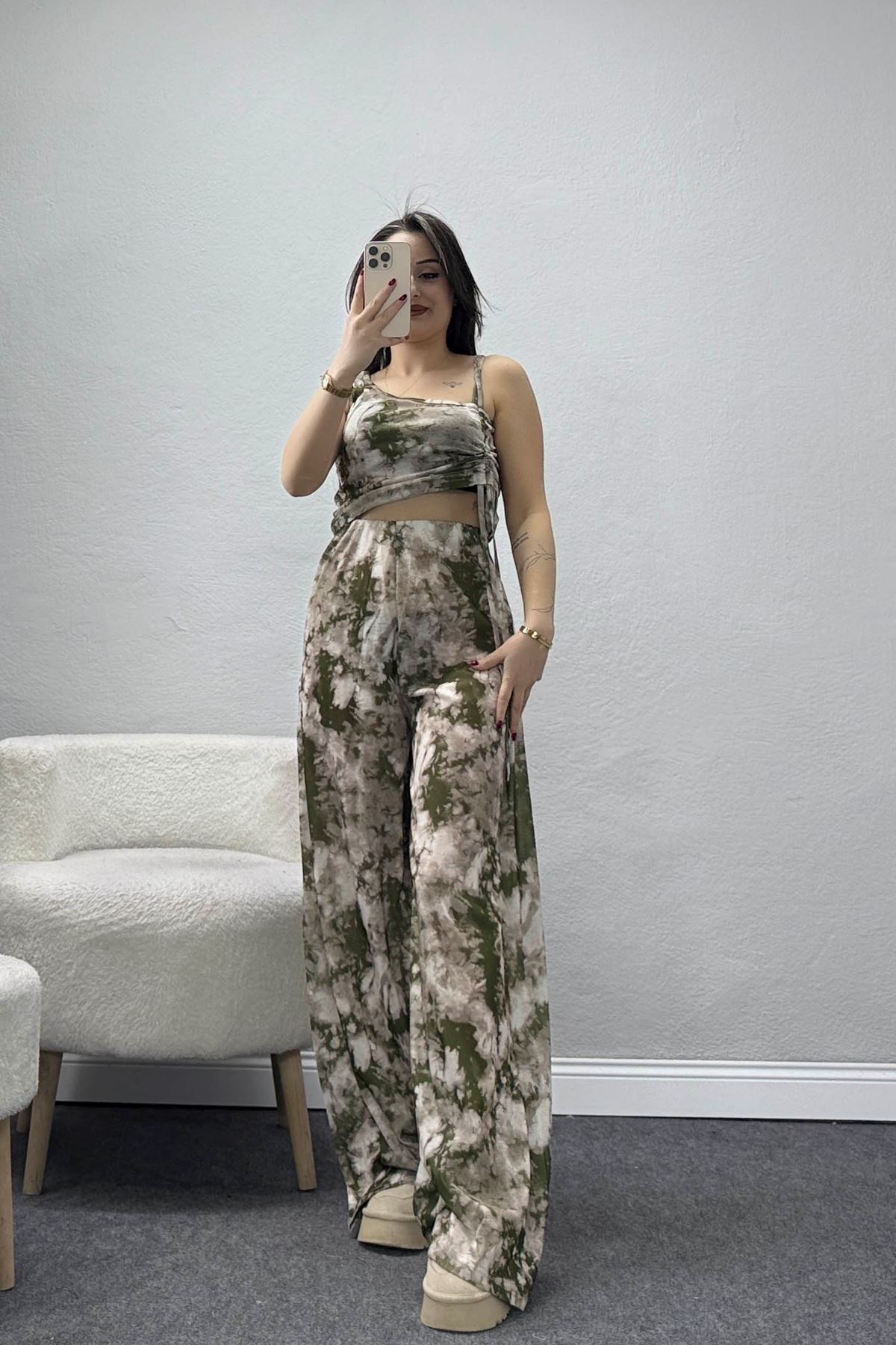 Süprem Tek Omuz Büzgülü İkili Takım Haki - 32248.1857.