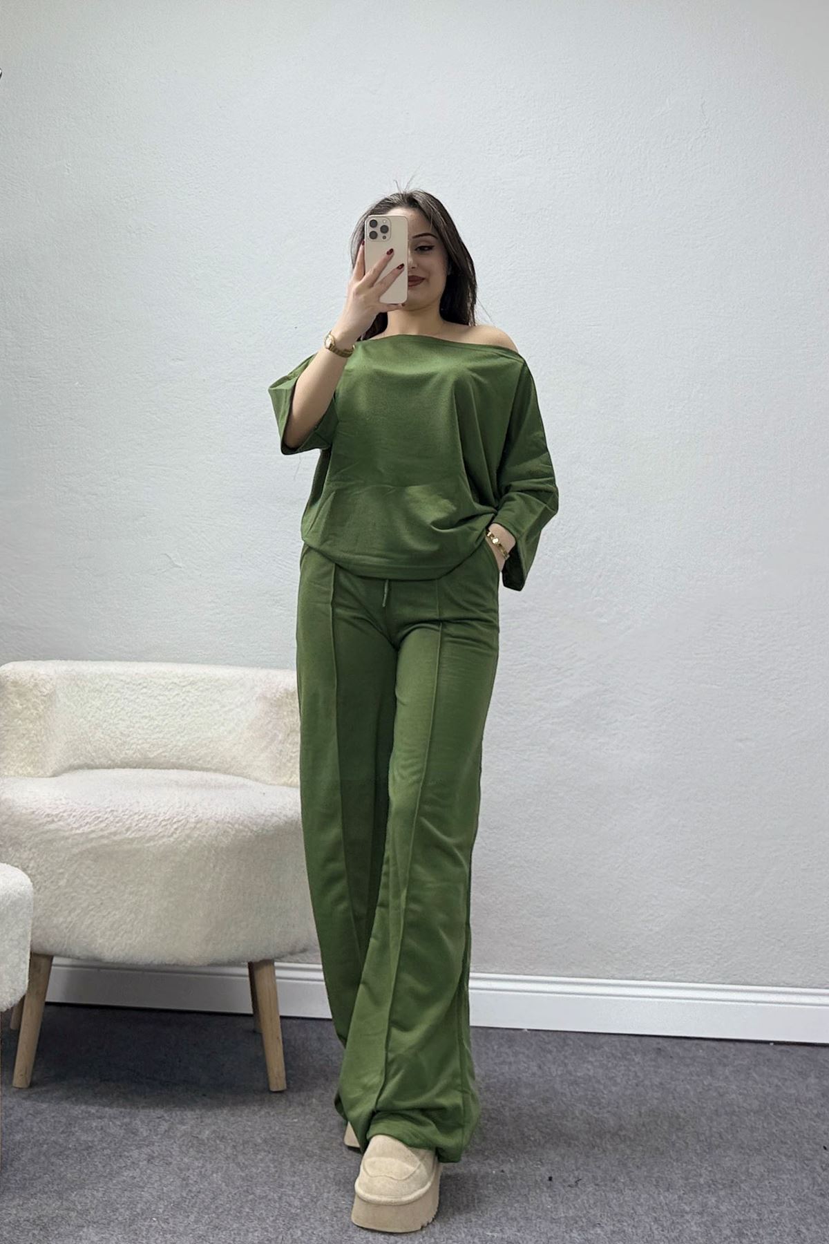 Kayık Yaka Eşofman Takımı Haki - 52247.1857.