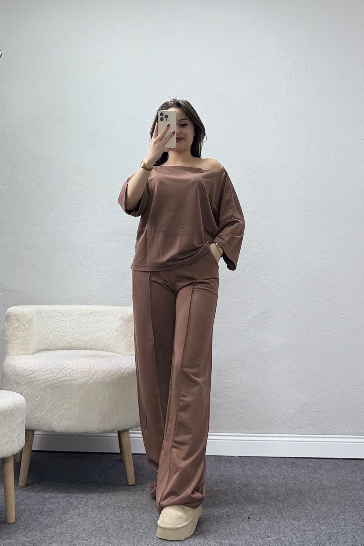 Kayık Yaka Eşofman Takımı Kahve - 52247.1857.