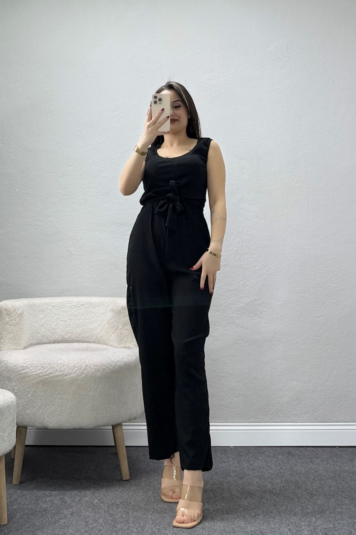 Kuşak Detaylı Bürümcük Tulum Siyah - 55084.599.