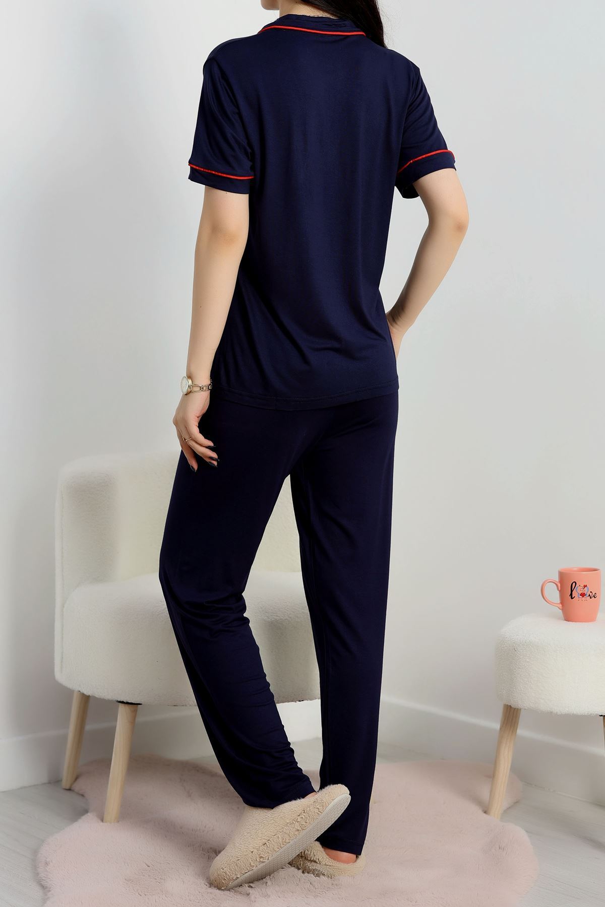 Kiraz Nakışlı Biyeli Viskon Pijama Takımı Lacivert - 40562.1857.