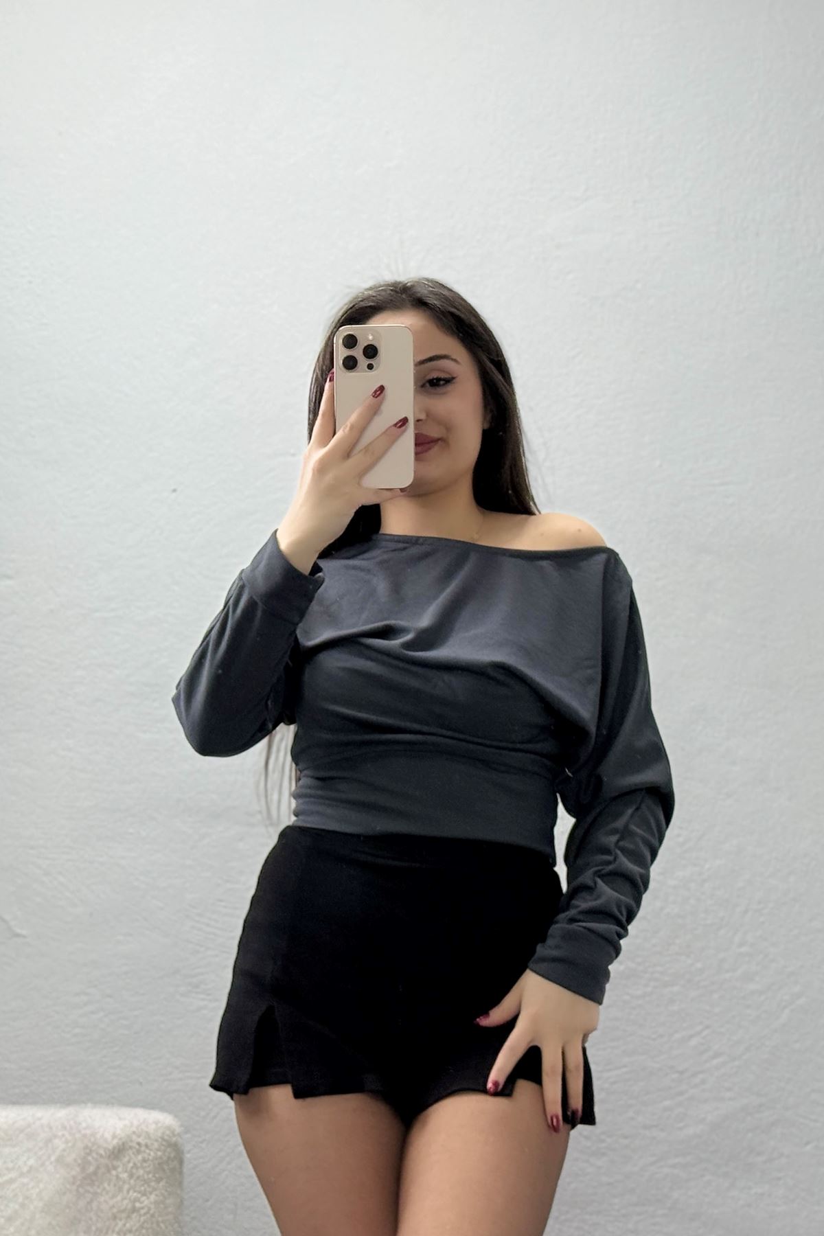 Modal Kumaş Kayık Yaka Bluz Antrasit - 4118.1247.