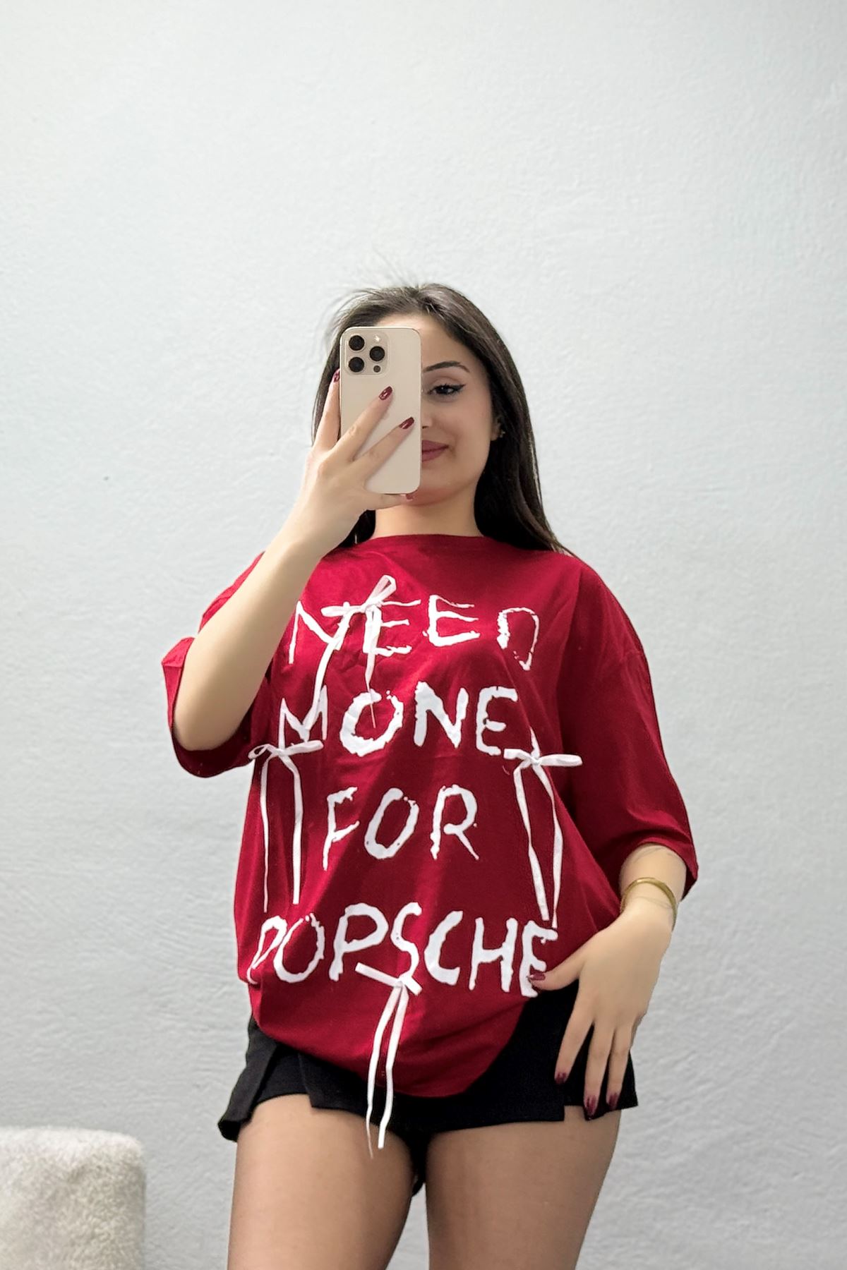 Kurdele Detay Baskılı Oversize Penye Tişört Bordo - 55091.1567.