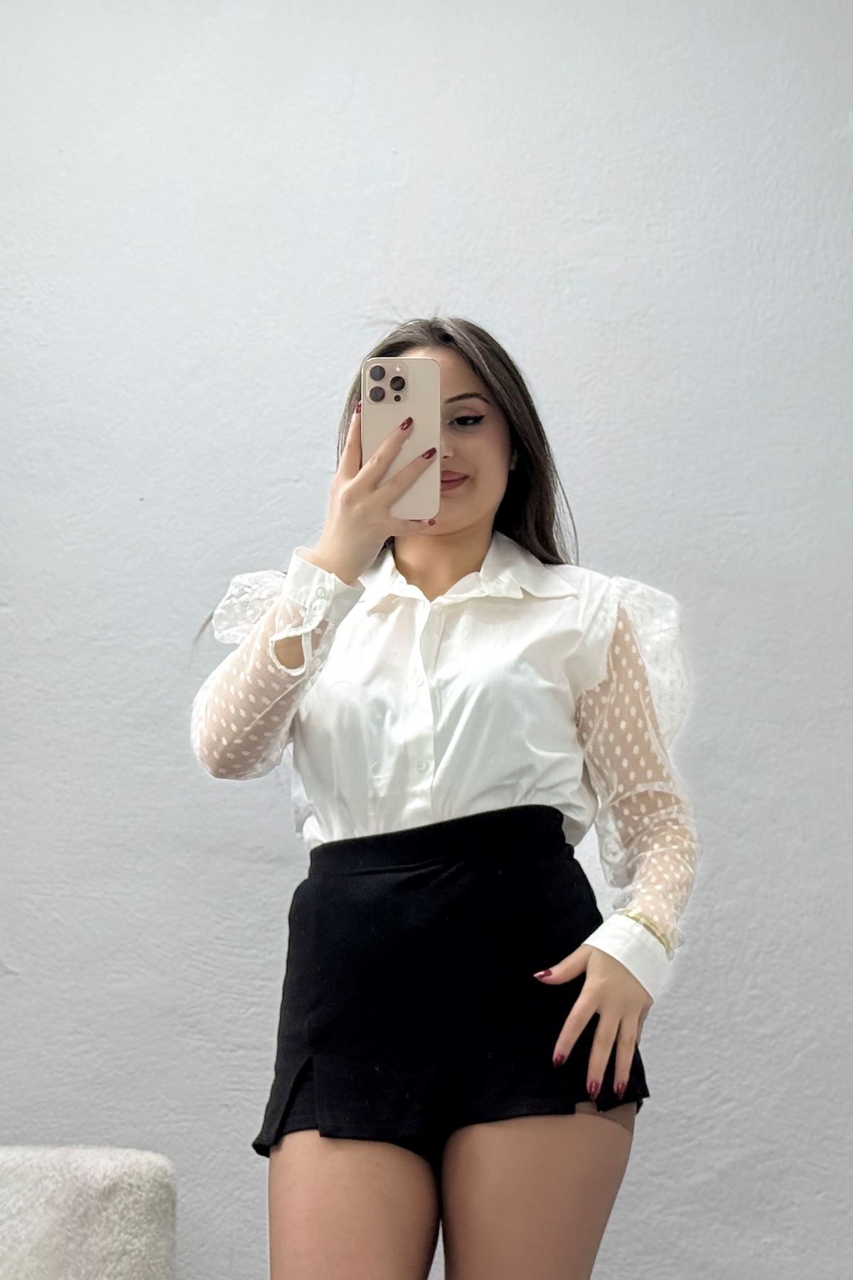 Tül Kollu Poplin Gömlek Beyaz - 80920.2118.