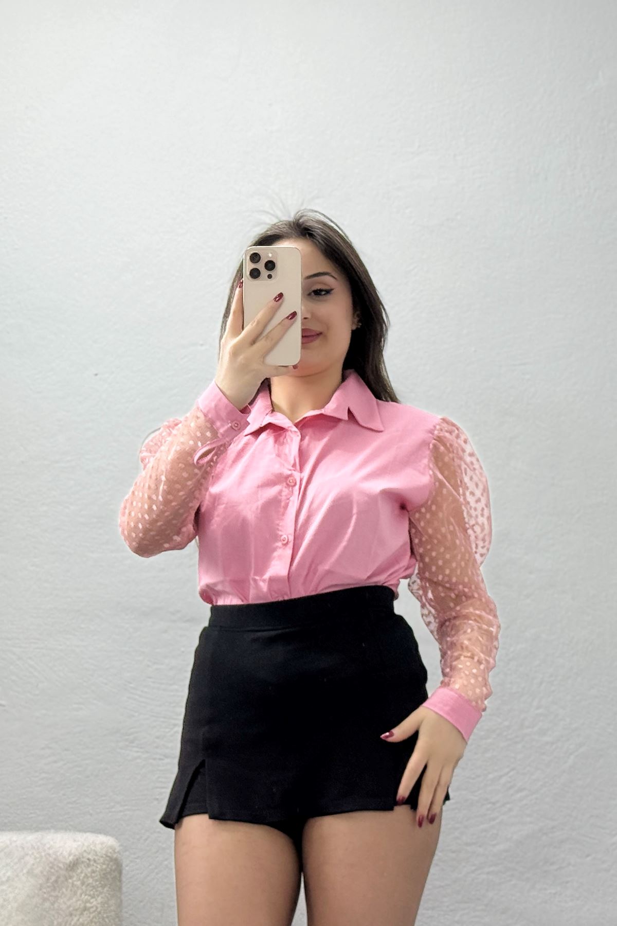 Tül Kollu Poplin Gömlek Pembe - 80920.2118.