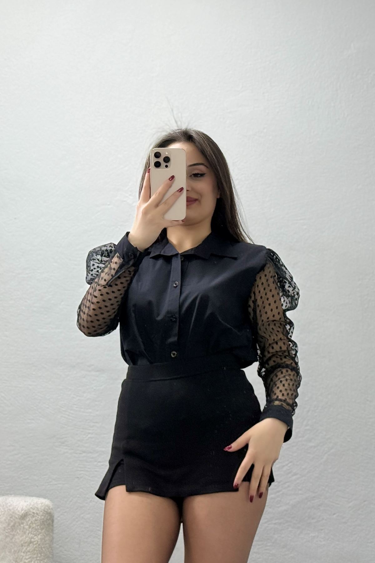 Tül Kollu Poplin Gömlek Siyah - 80920.2118.