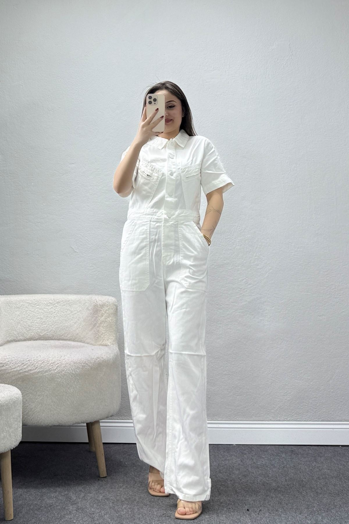 Kısa Kollu Tensel Tulum Ekru - 2525.1367.