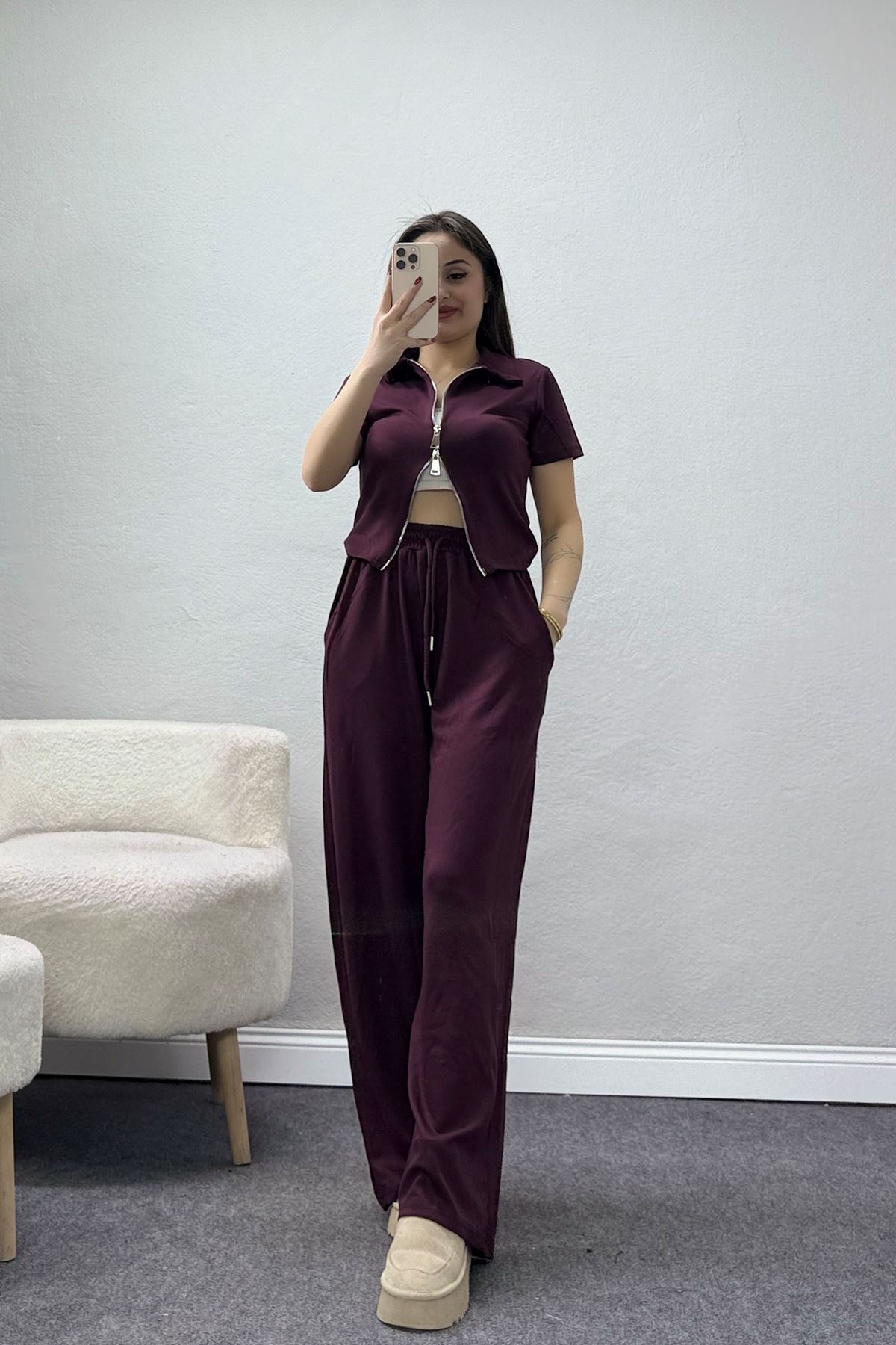 Modal Fermuarlı Eşofman Takımı Bordo - 42921.1567.