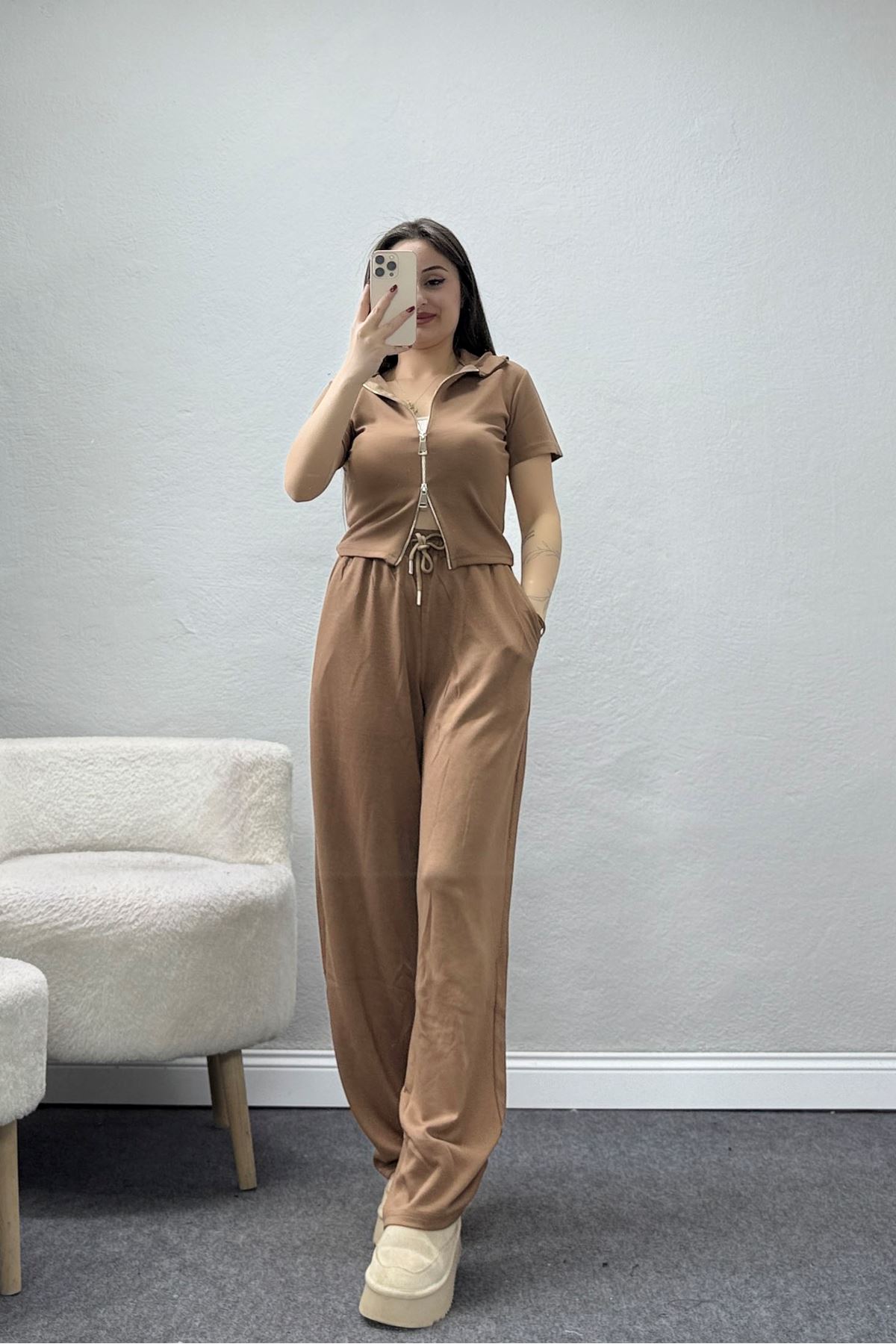 Modal Fermuarlı Eşofman Takımı Vizon - 42921.1567.