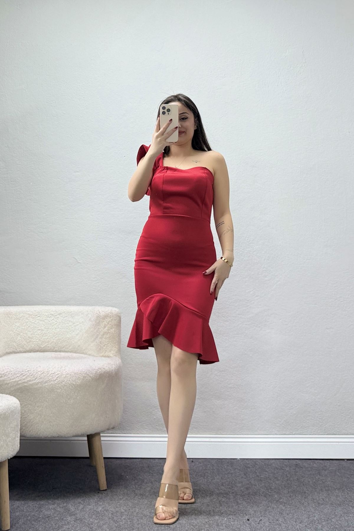 Tek Omuz Fırfır Detaylı Krep Elbise Kırmızı - 581785.1592.