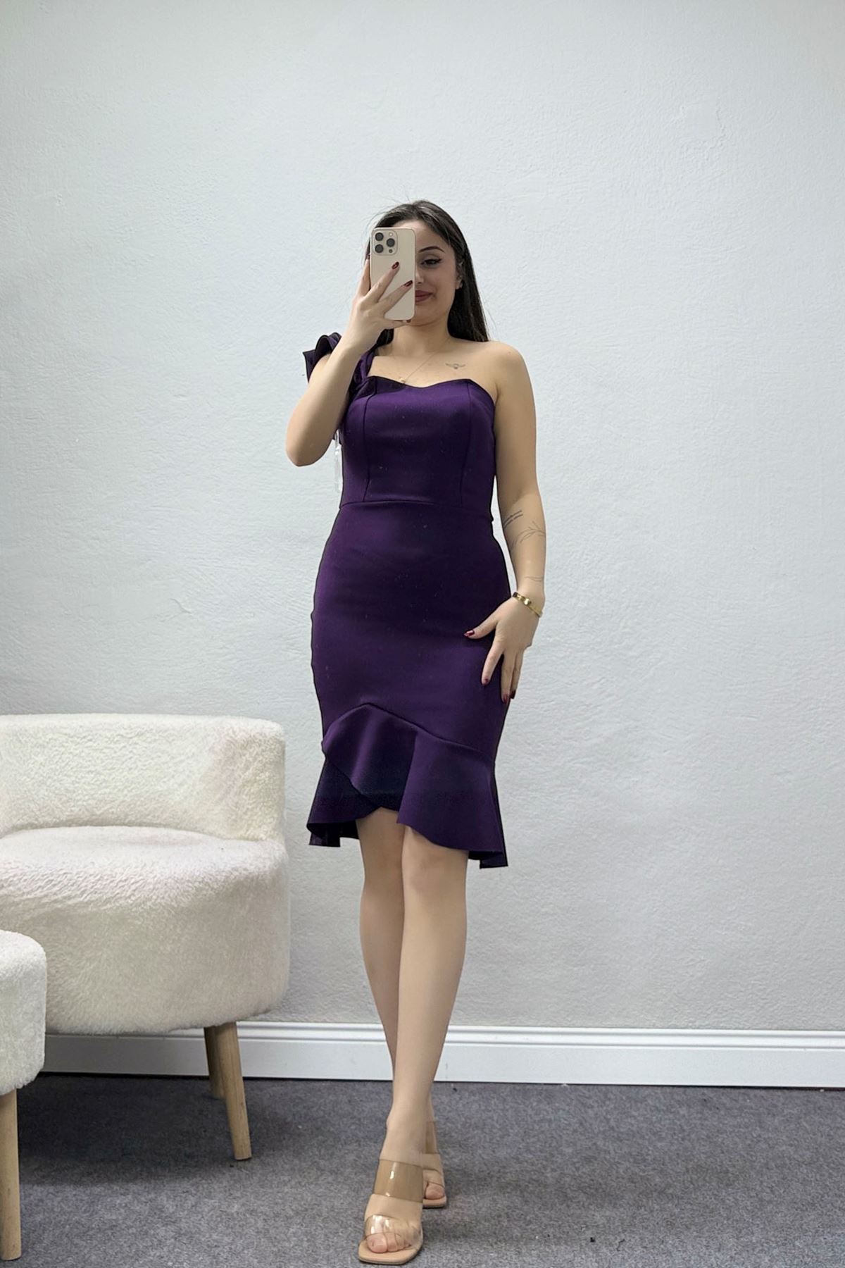 Tek Omuz Fırfır Detaylı Krep Elbise Mor - 581785.1592.