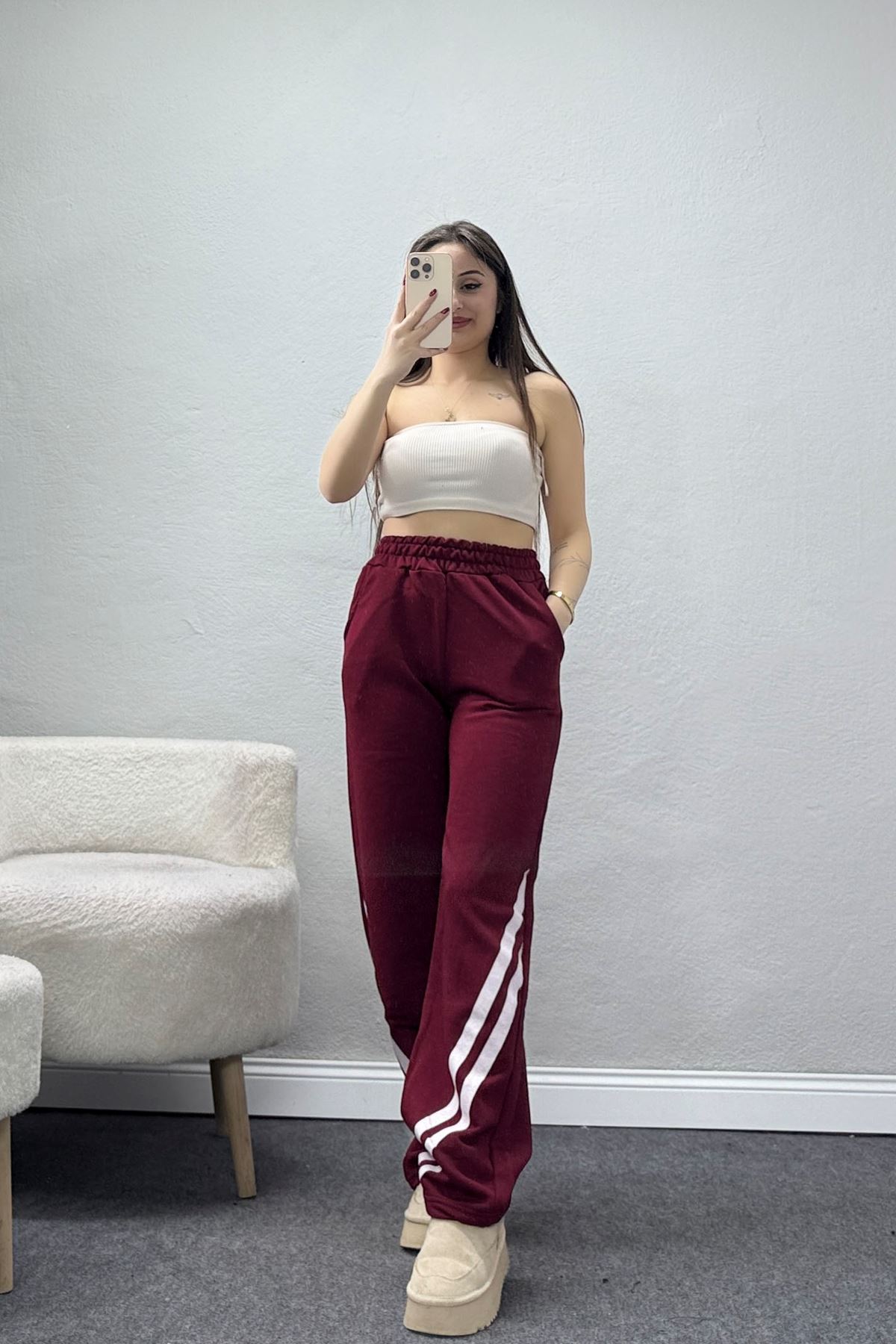 3 İplik Şardonsuz Şeritli Palozzo Paça Eşofman Altı Bordobeyaz - 80809.1878.