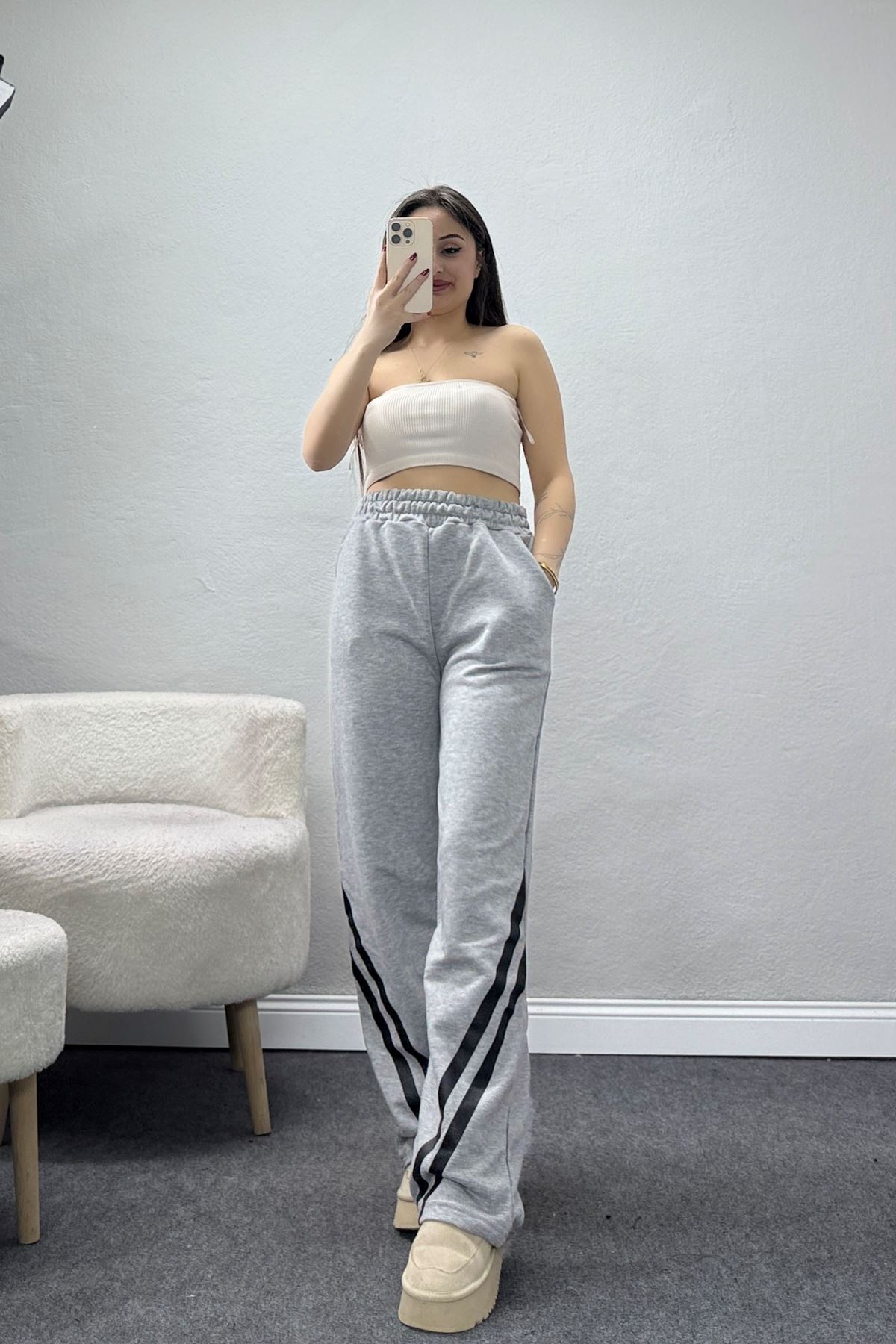 3 İplik Şardonsuz Şeritli Palozzo Paça Eşofman Altı Koyugrisiyah - 80809.1878.