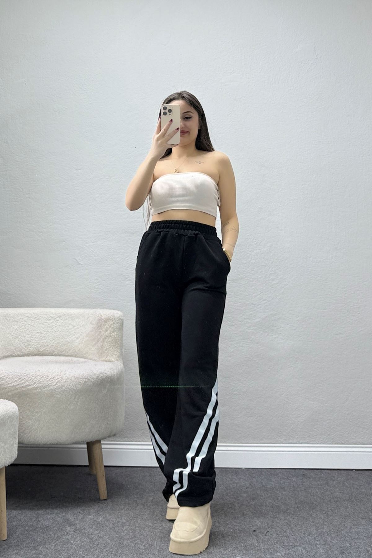 3 İplik Şardonsuz Şeritli Palozzo Paça Eşofman Altı Siyahbeyaz - 80809.1878.