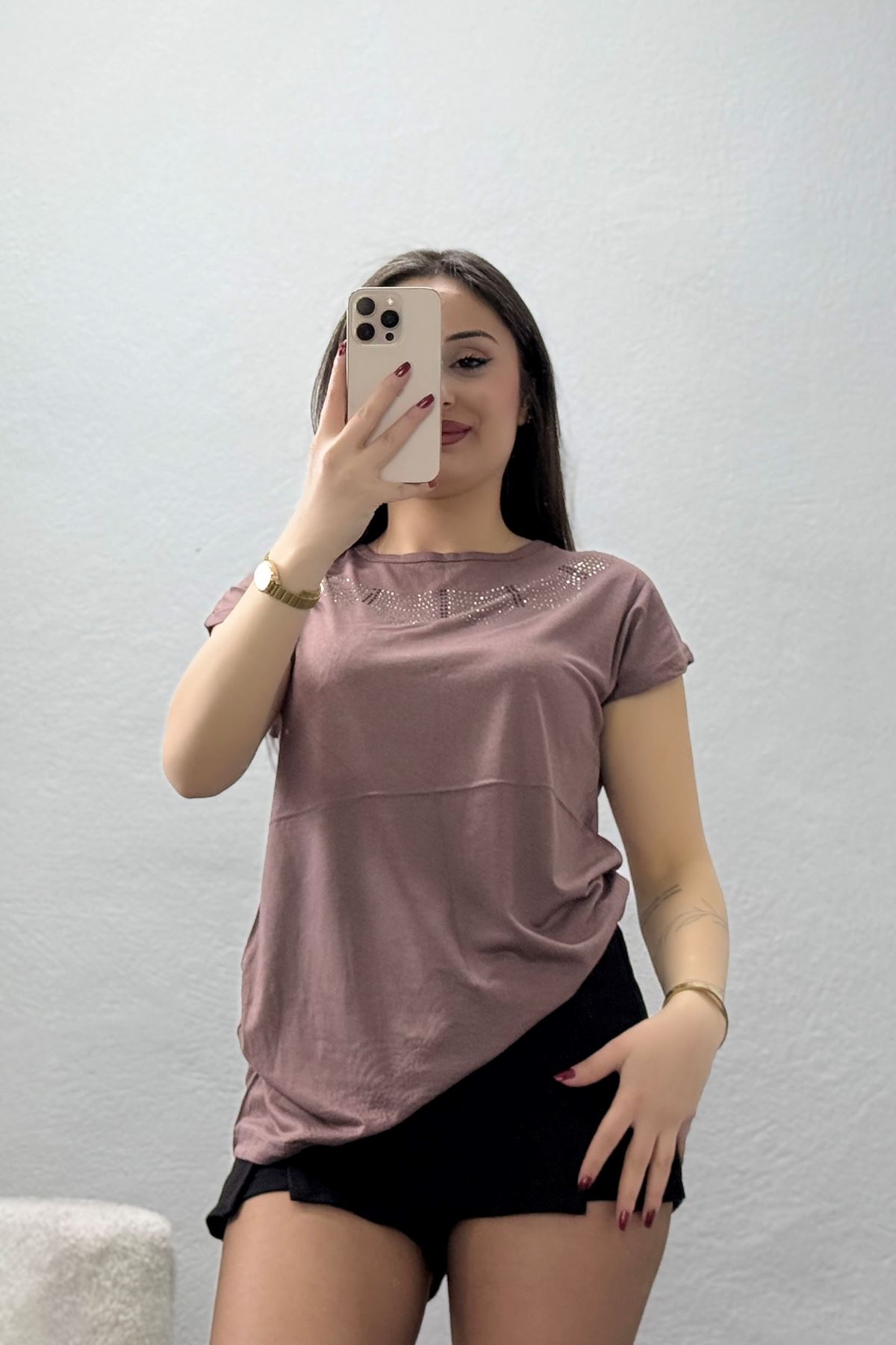 Yakası Taşlı Bluz Açıkkahve - 43983.599.