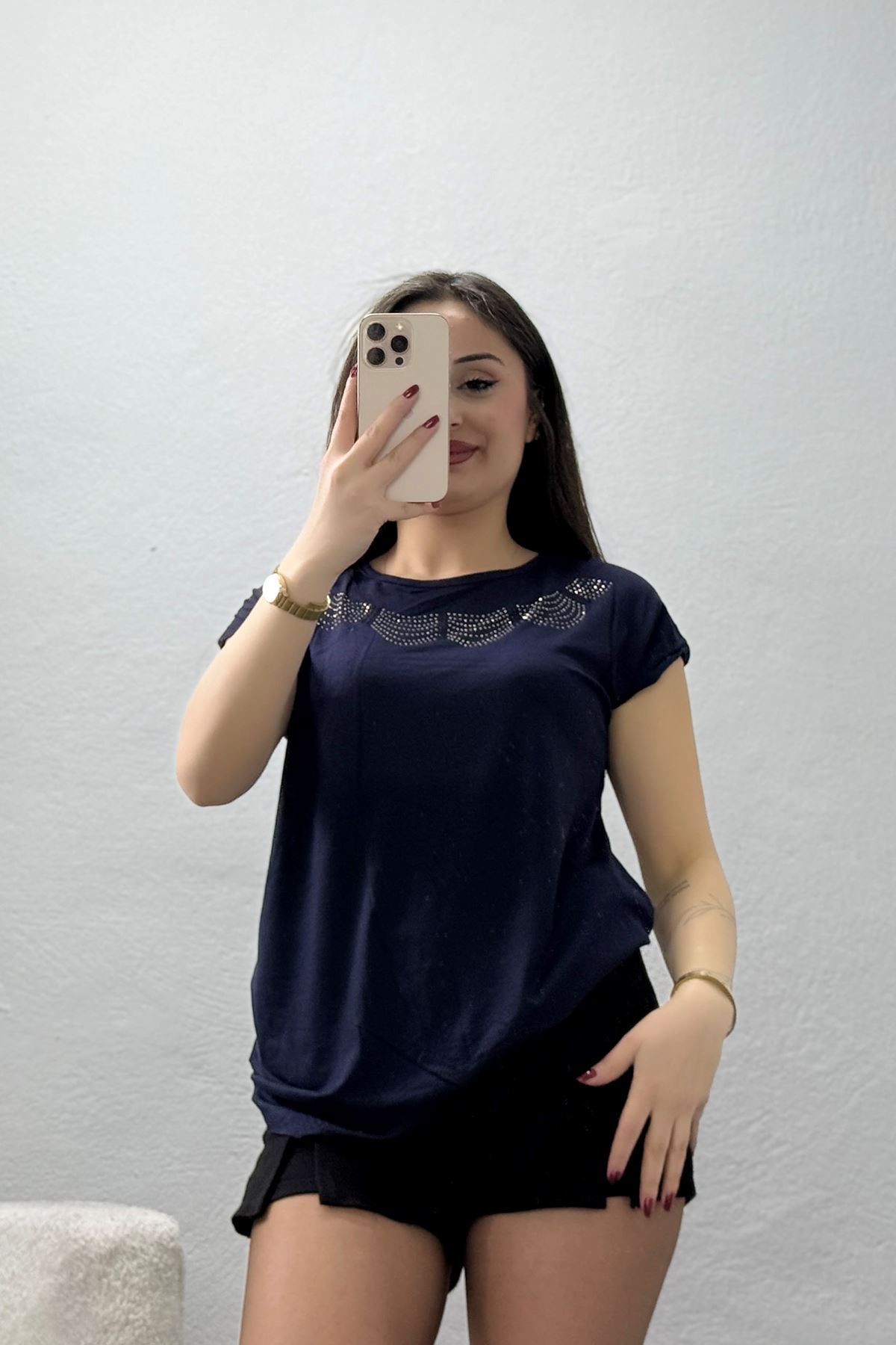 Yakası Taşlı Bluz Lacivert - 43983.599.