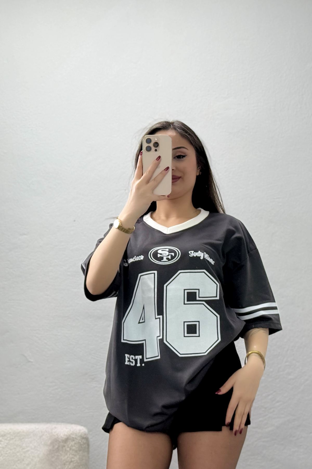 V Yaka Oversize 2 İplik Forma Tişört Antrasit - 88101.1878.