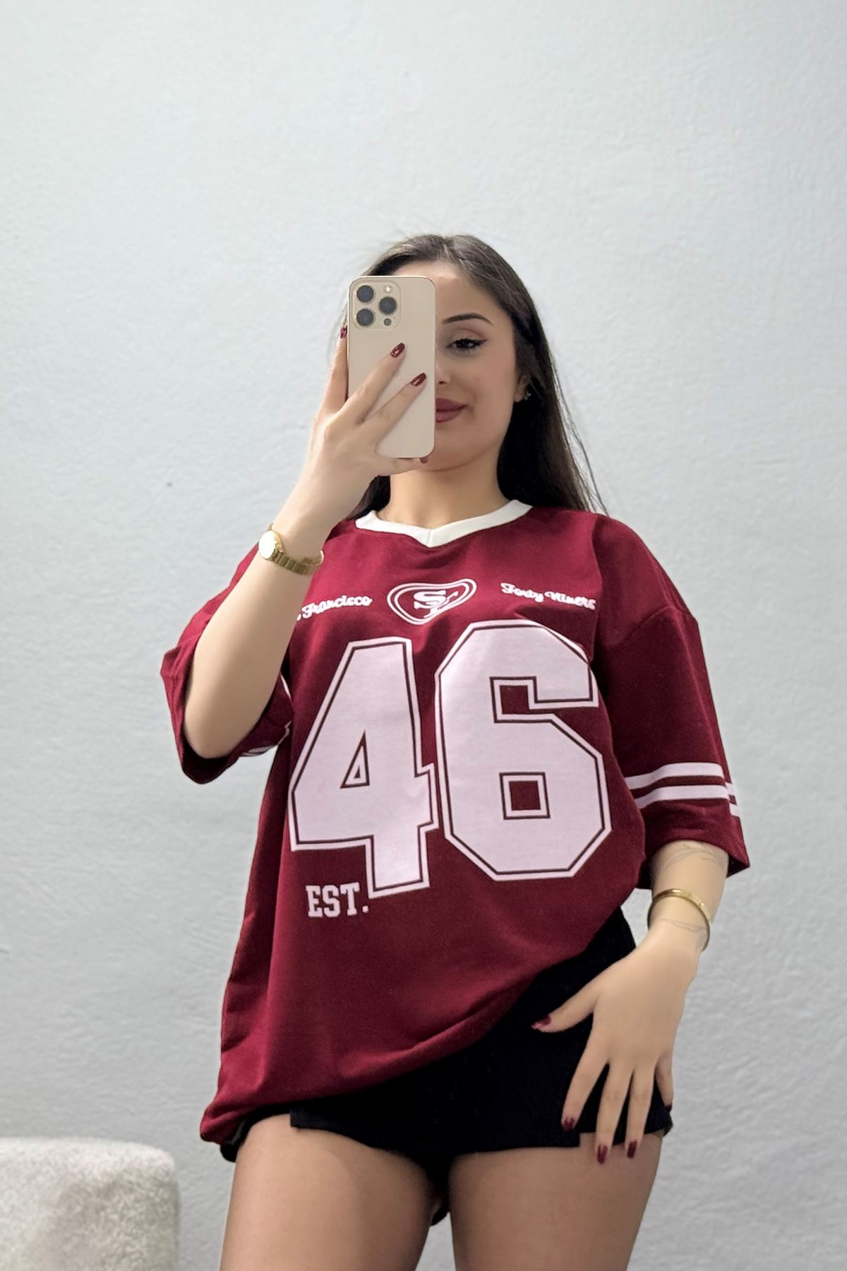 V Yaka Oversize 2 İplik Forma Tişört Bordo - 88101.1878.